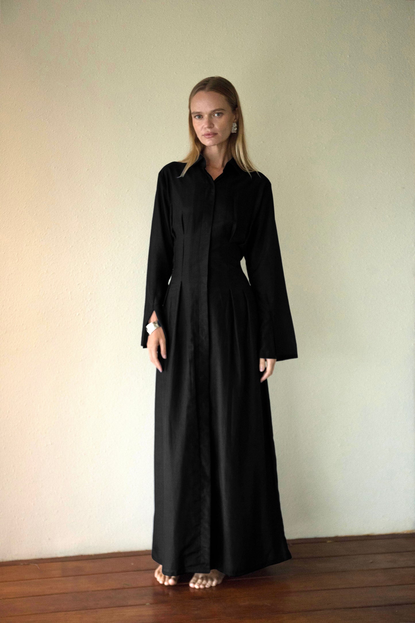 Silk-Cotton Cinched Dress in Black