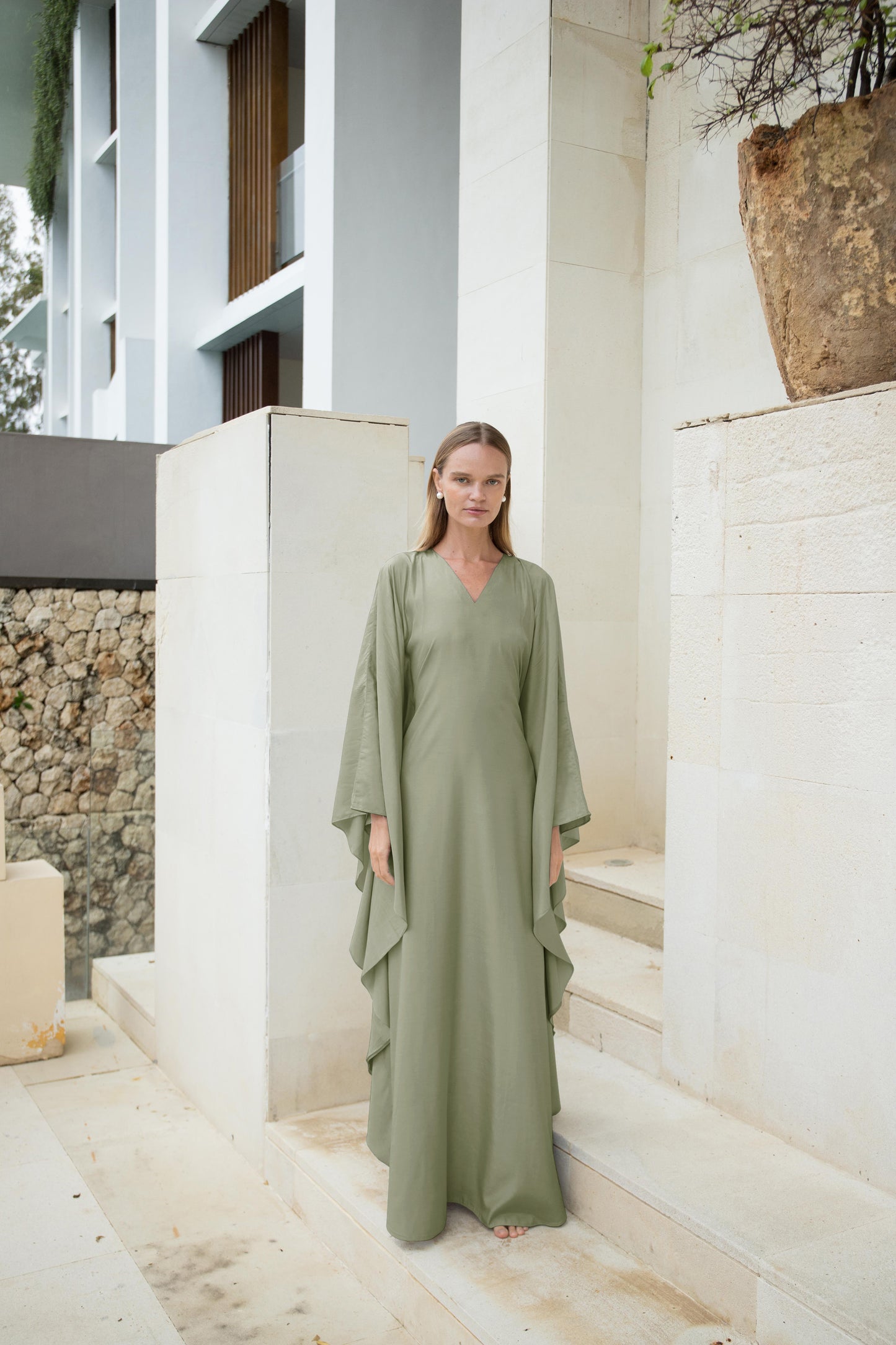 Silk Kaftan Dress in Olive V-neck | Ships from May 1-19