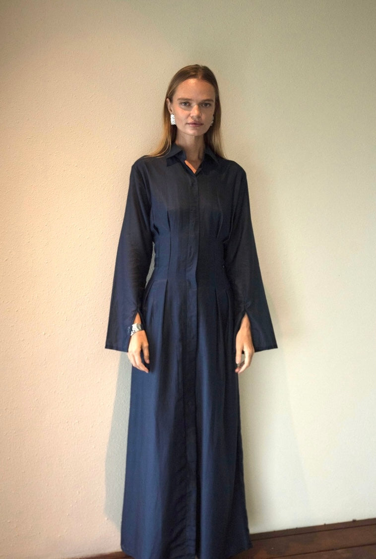 Silk-Cotton Cinched Dress in Navy Blue | final batch