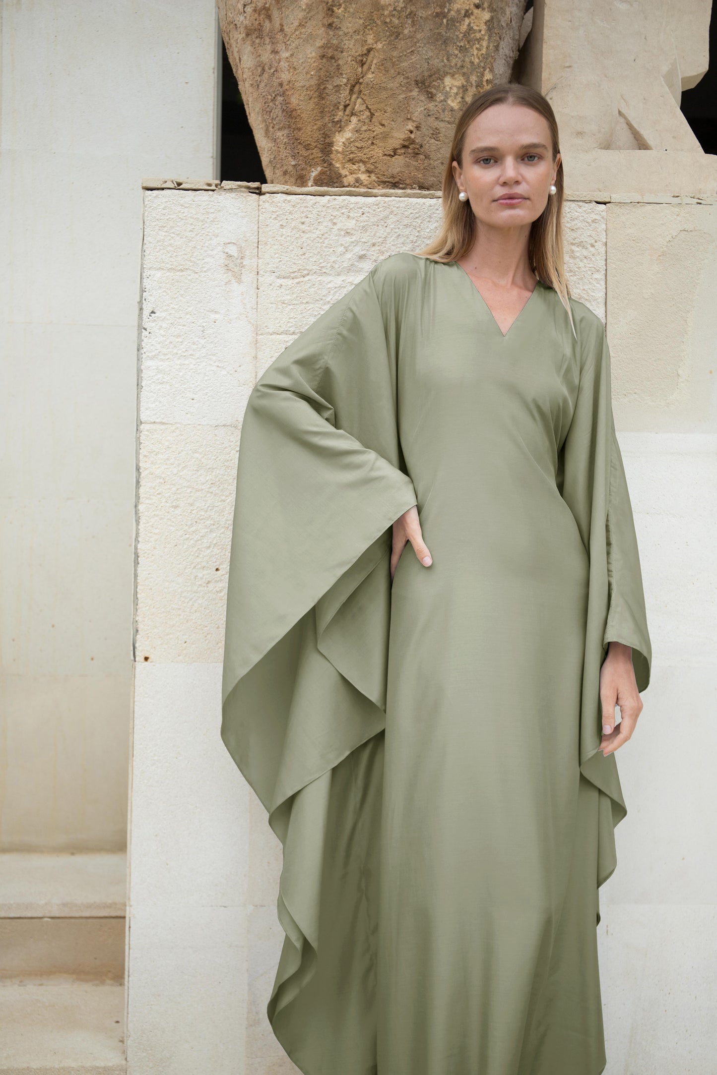 Silk Kaftan Dress in Olive V-neck | Ships from May 1-19