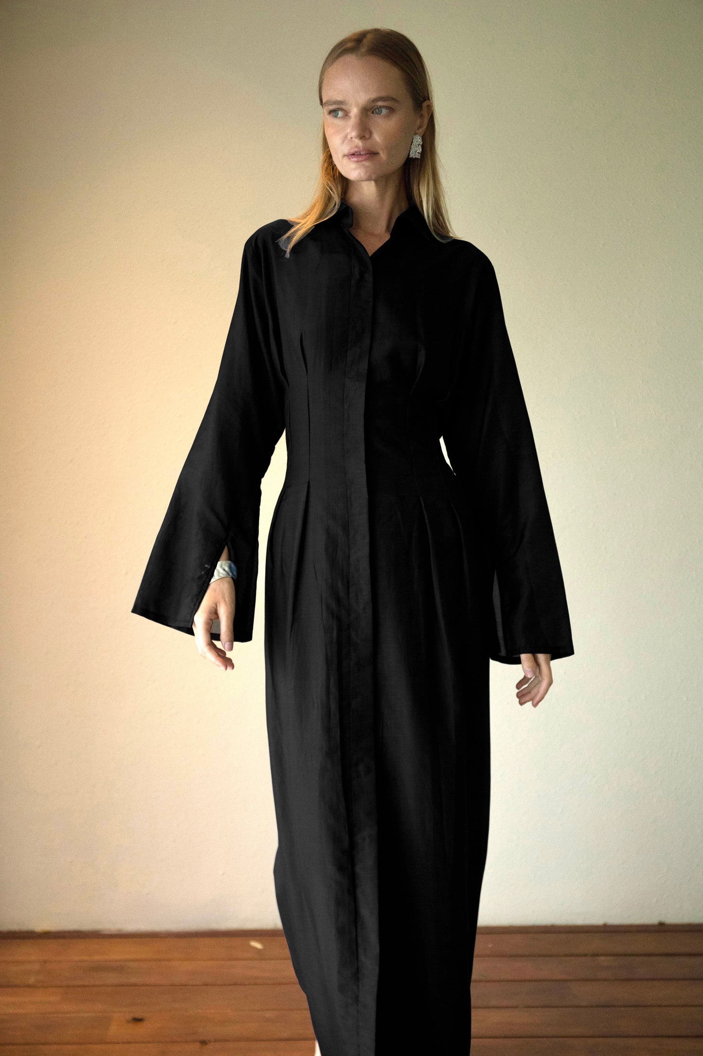 Silk-Cotton Cinched Dress in Black
