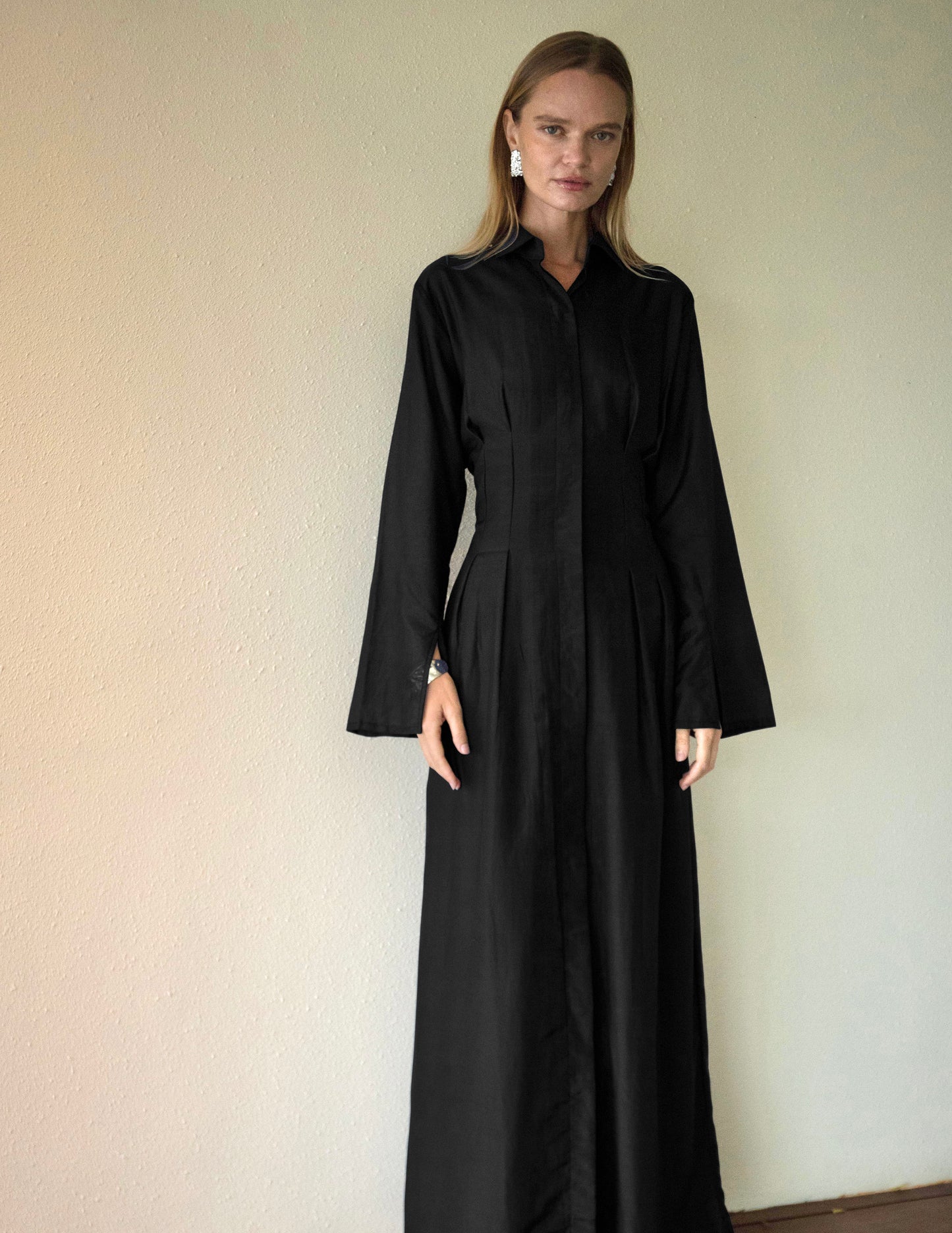 Silk-Cotton Cinched Dress in Black