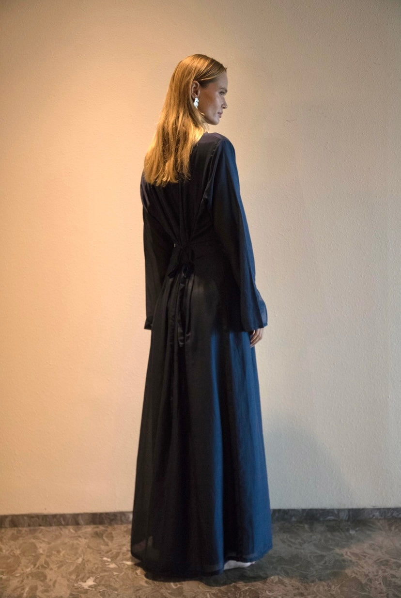 Silk-Cotton Cinched Dress in Navy Blue | final batch