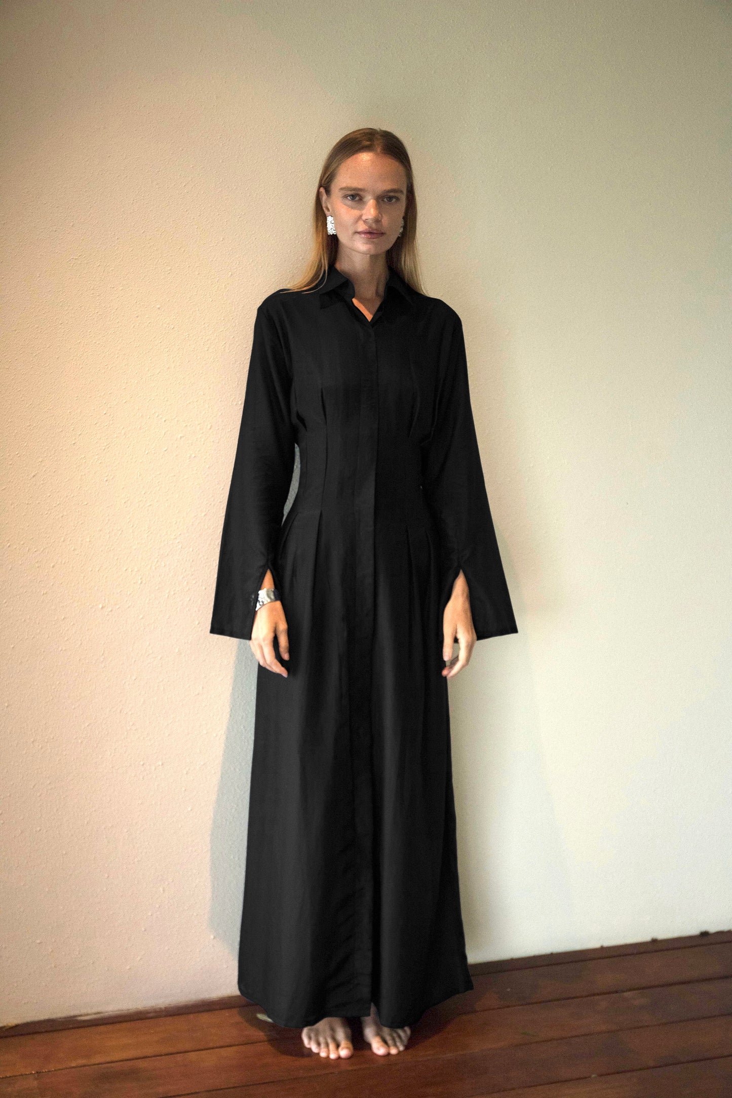 Silk-Cotton Cinched Dress in Black