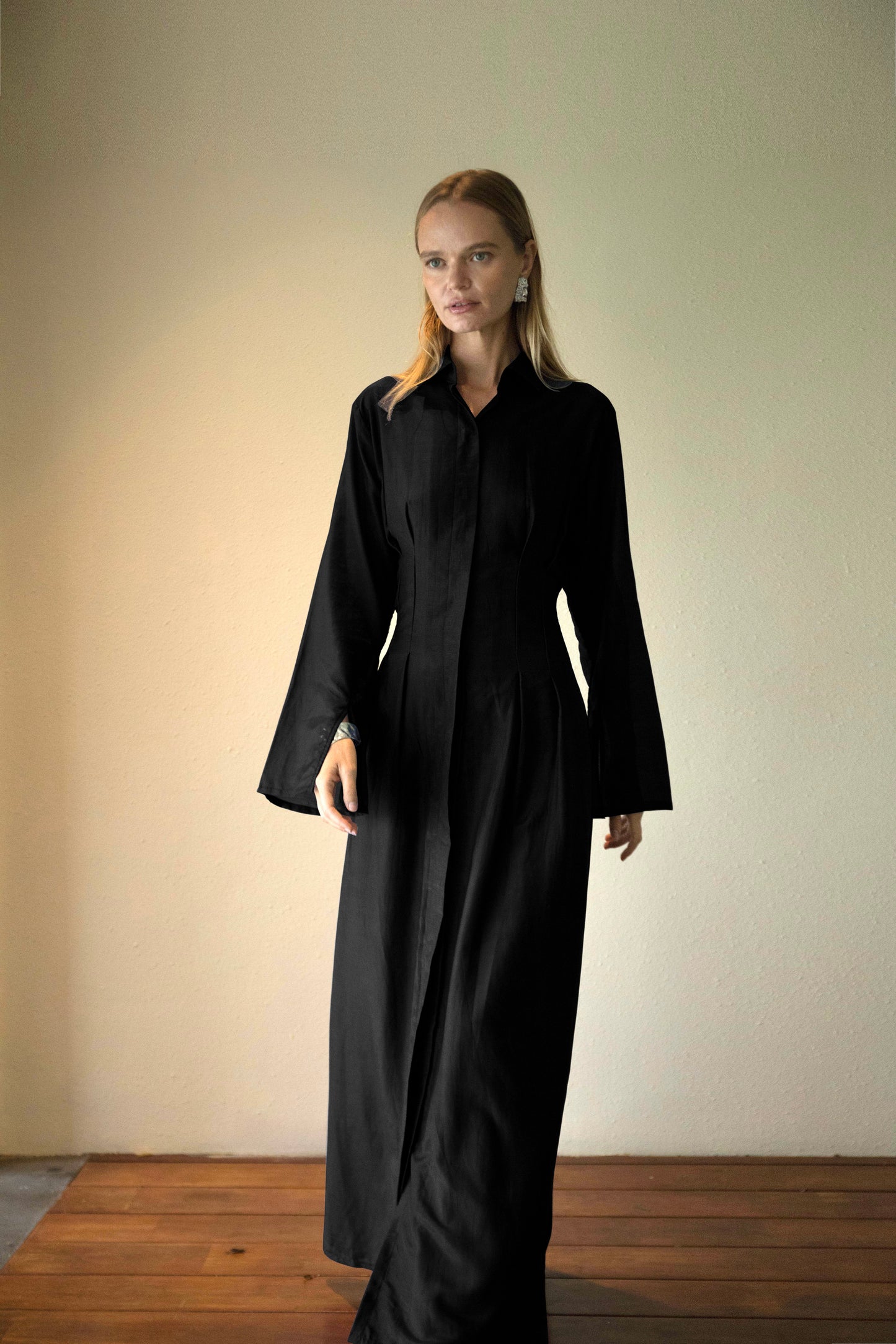 Silk-Cotton Cinched Dress in Black