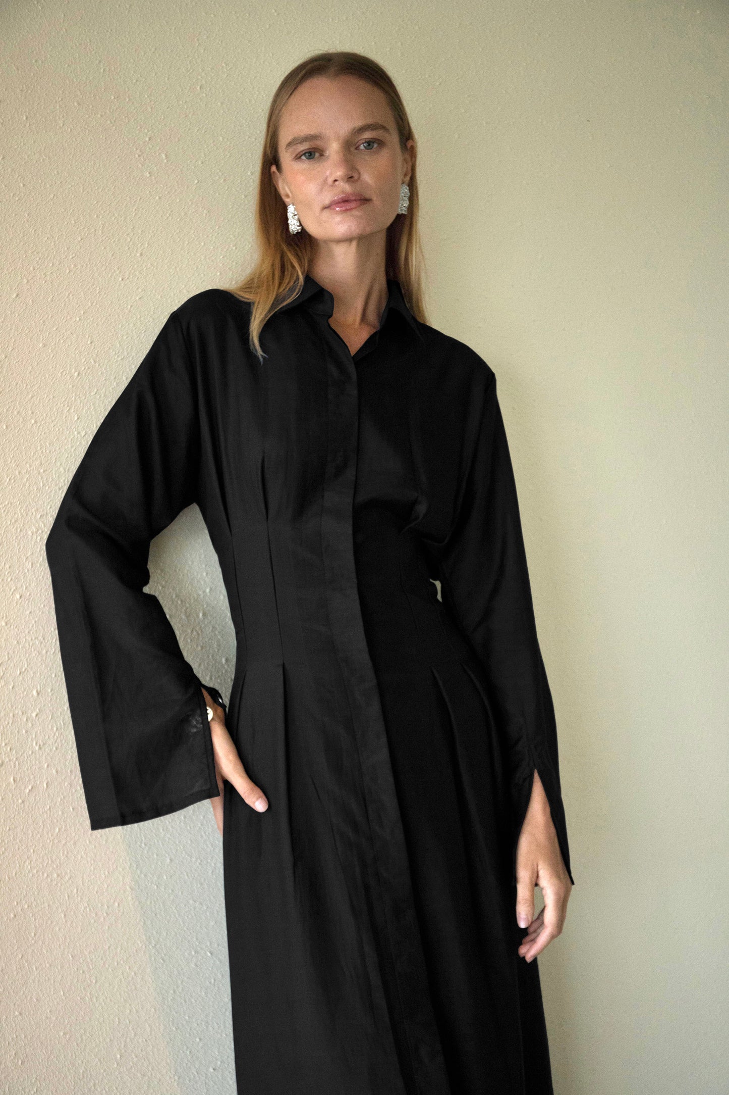 Silk-Cotton Cinched Dress in Black