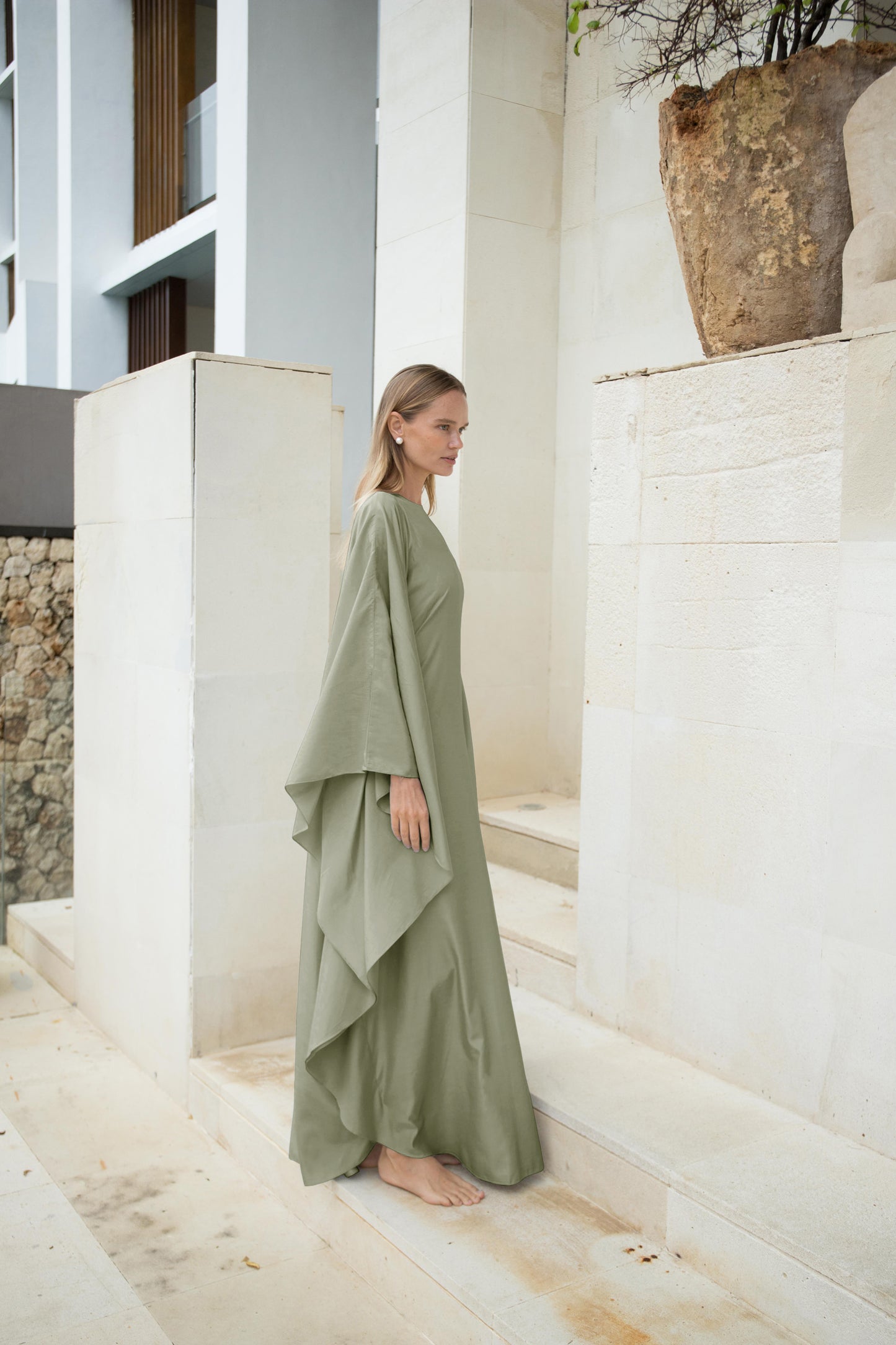 Silk Kaftan Dress in Olive | ships Oct 15-25