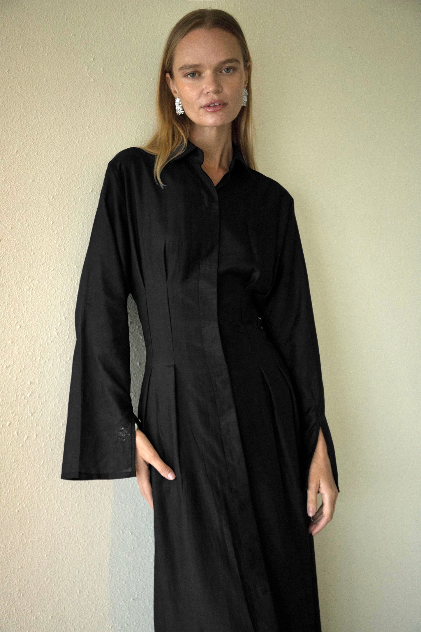 Silk-Cotton Cinched Dress in Black
