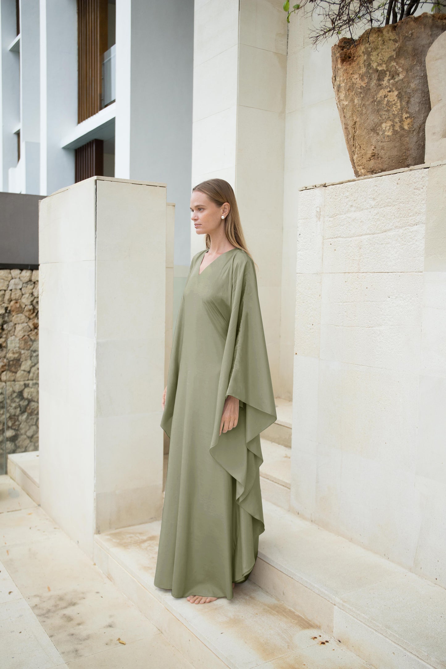 Silk Kaftan Dress in Olive V-neck | Ships from May 1-19