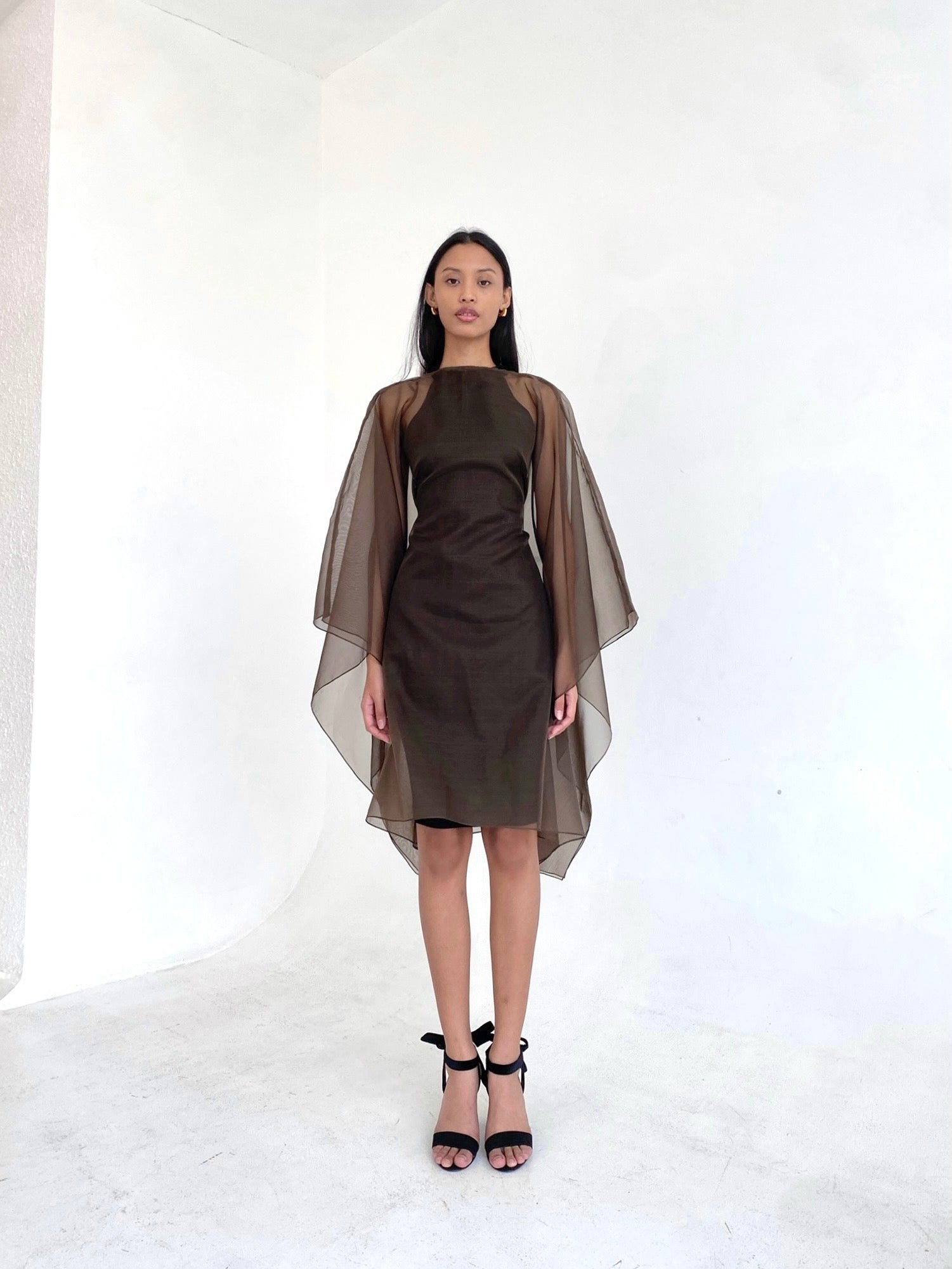 Silk Organza Cape Dress in Brown | Batwing, Butterfly, Poncho Dress Silk Organza Cape Dress in Brown | Batwing, Butterfly, Poncho Dress