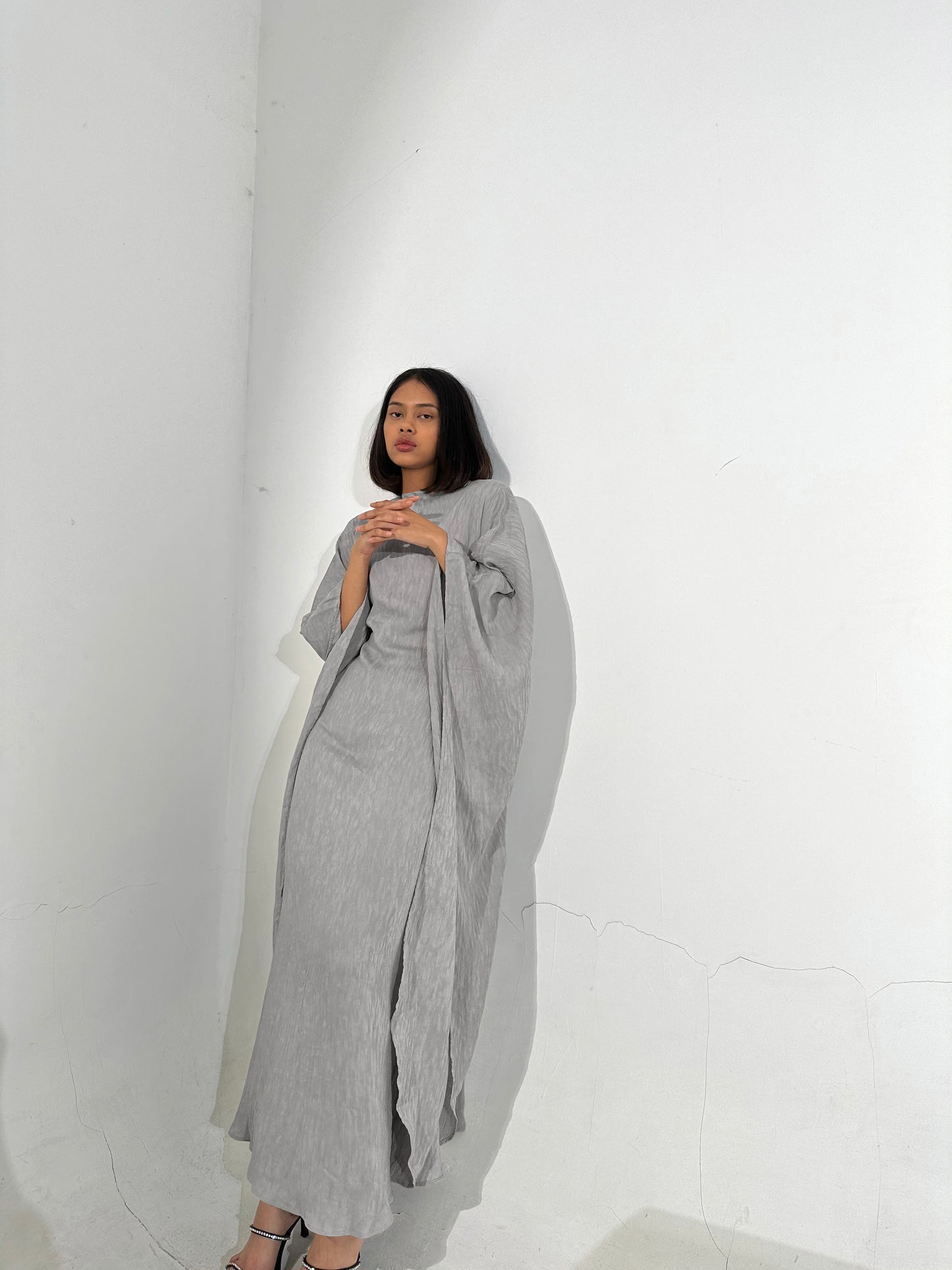 Gray Plissé Kaftan Dress