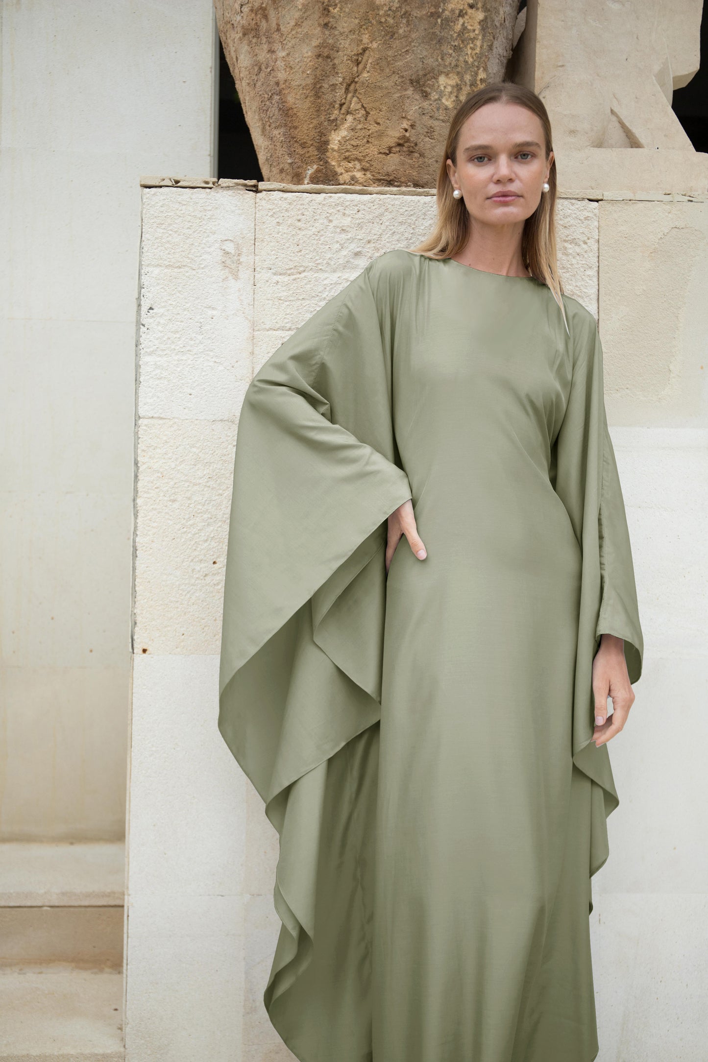 Silk Kaftan Dress in Olive | ships Oct 15-25