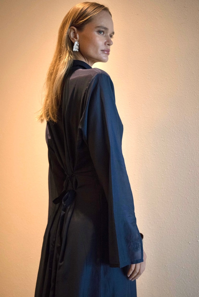 Silk-Cotton Cinched Dress in Navy Blue