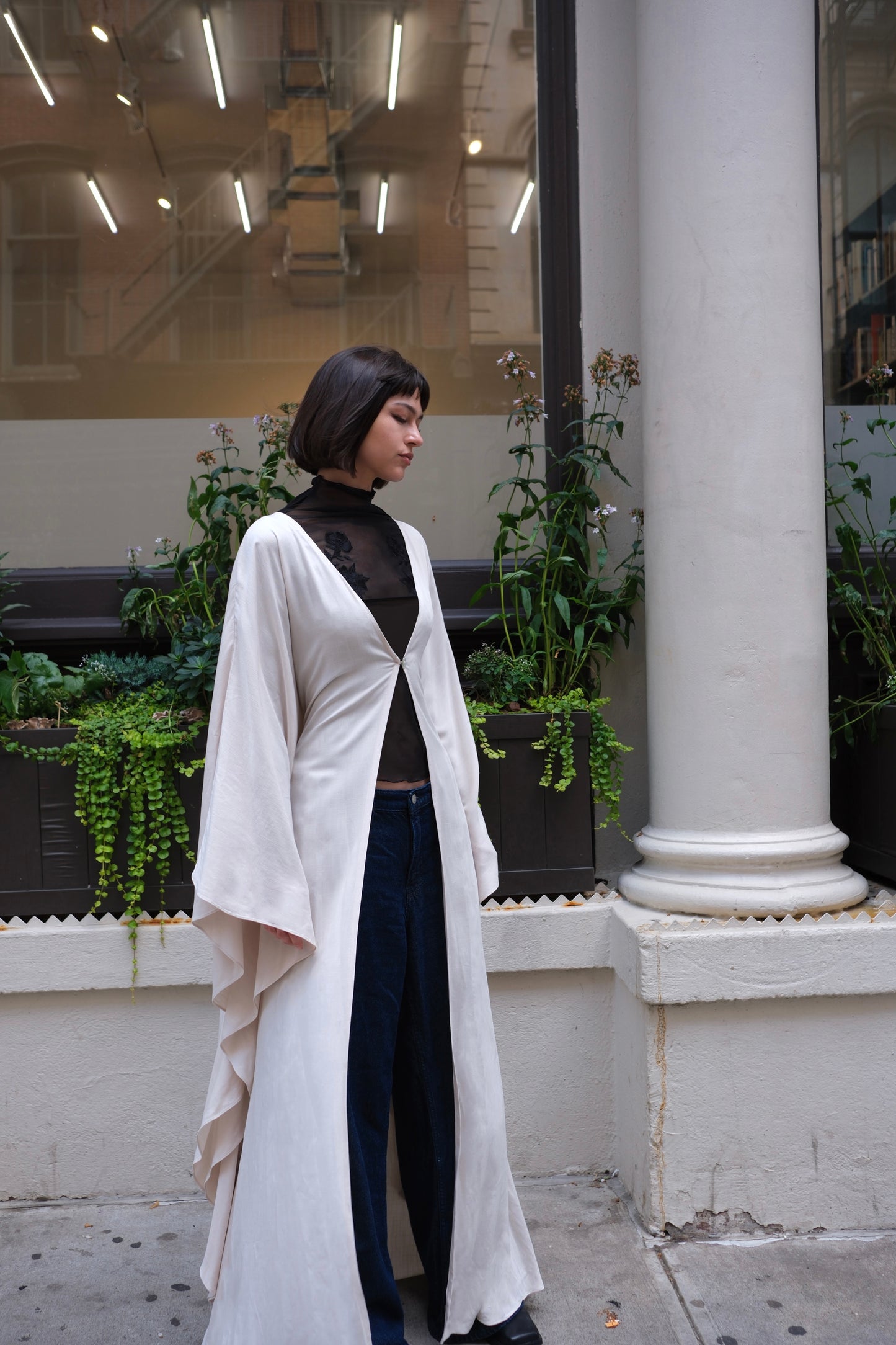 Beige Neutral Open abaya with a flowy and breathable fabric
