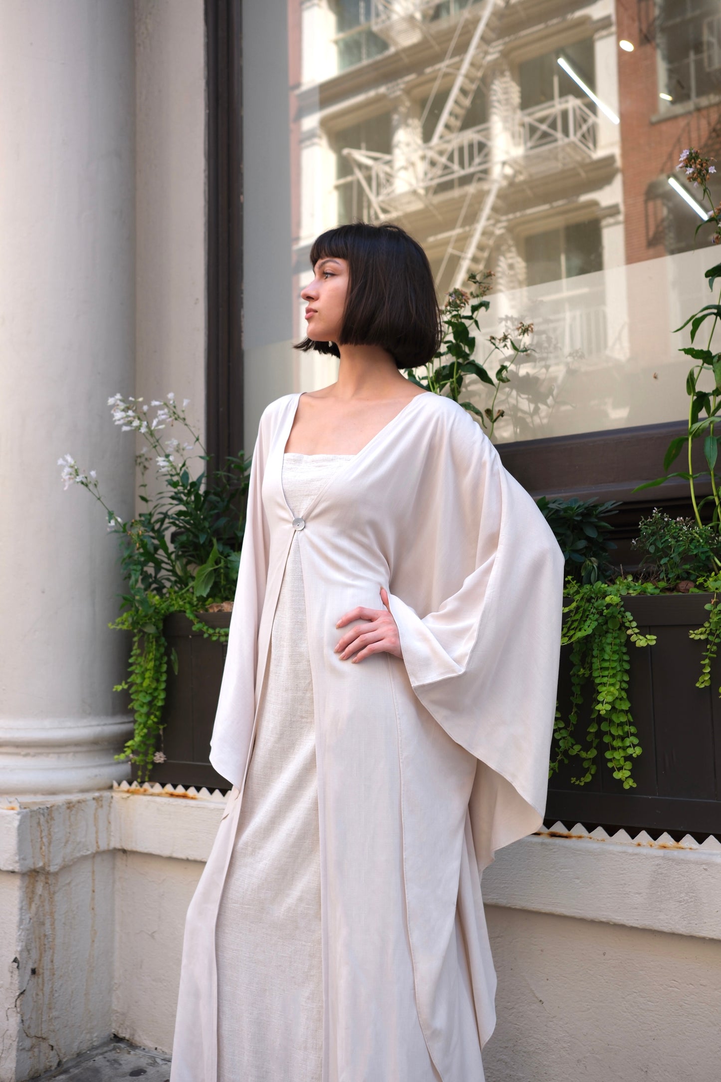 Beige Neutral Open abaya with a flowy and breathable fabric