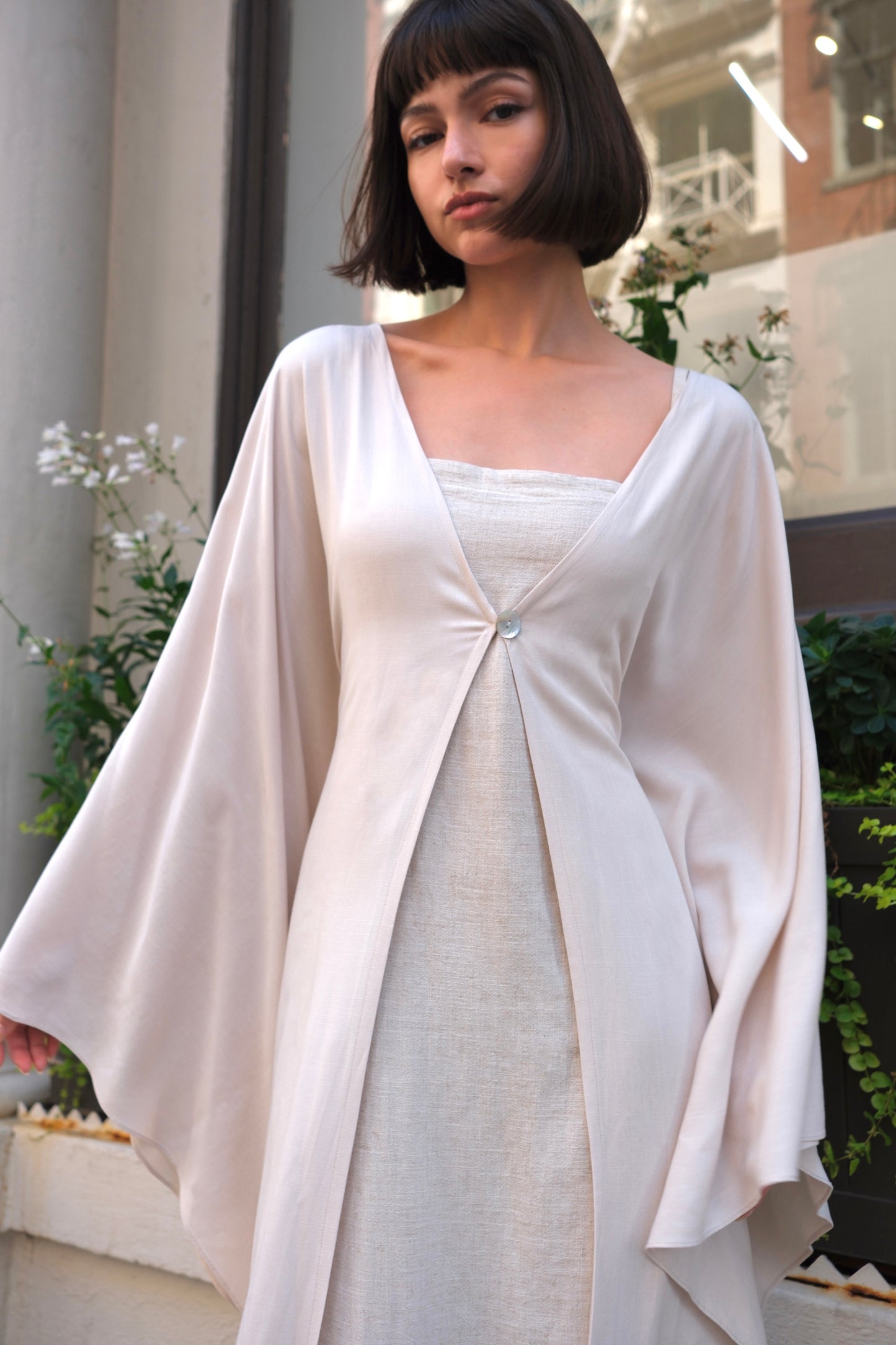 Beige Neutral Open abaya with a flowy and breathable fabric