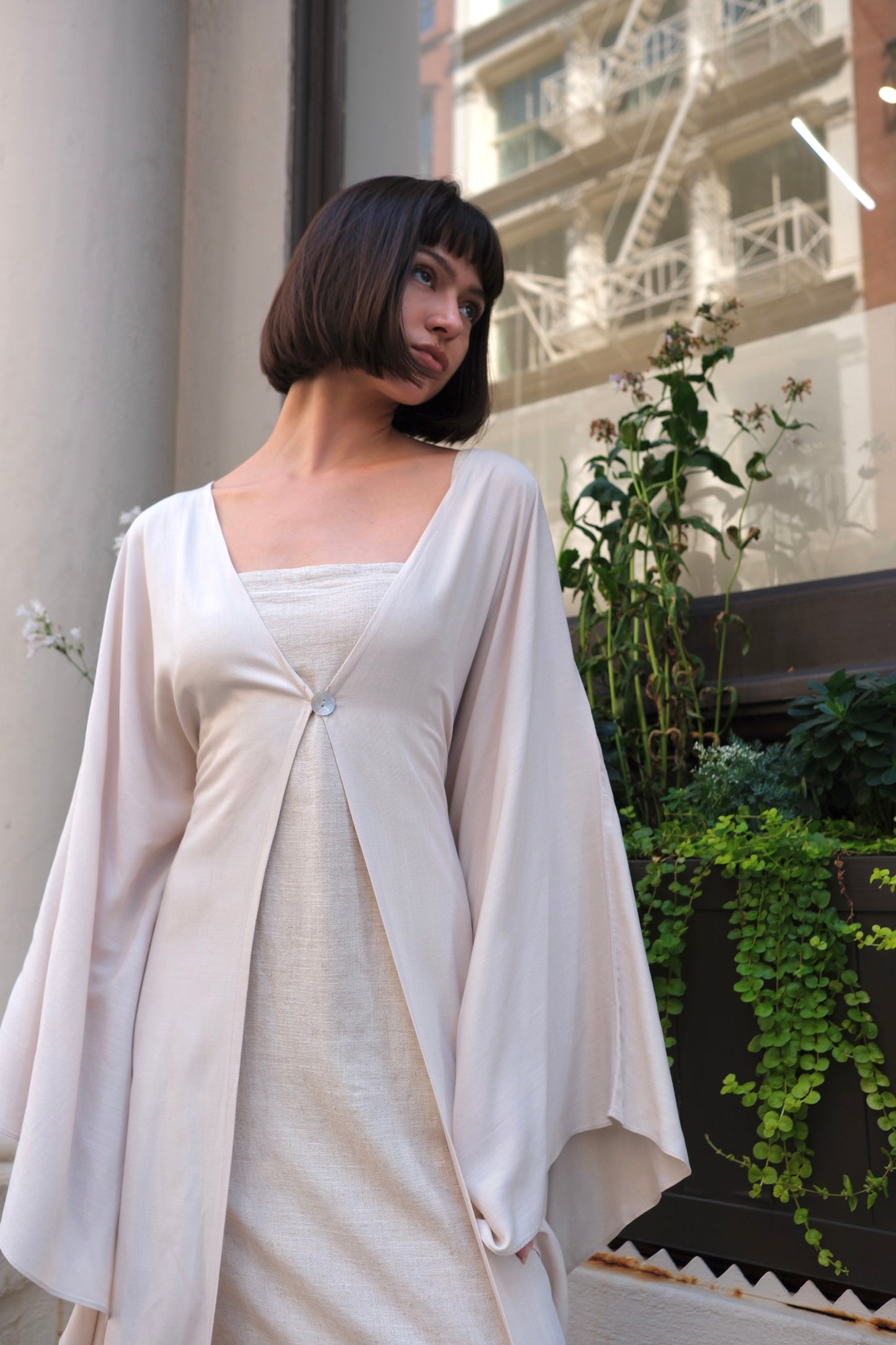 Beige Neutral Open abaya with a flowy and breathable fabric