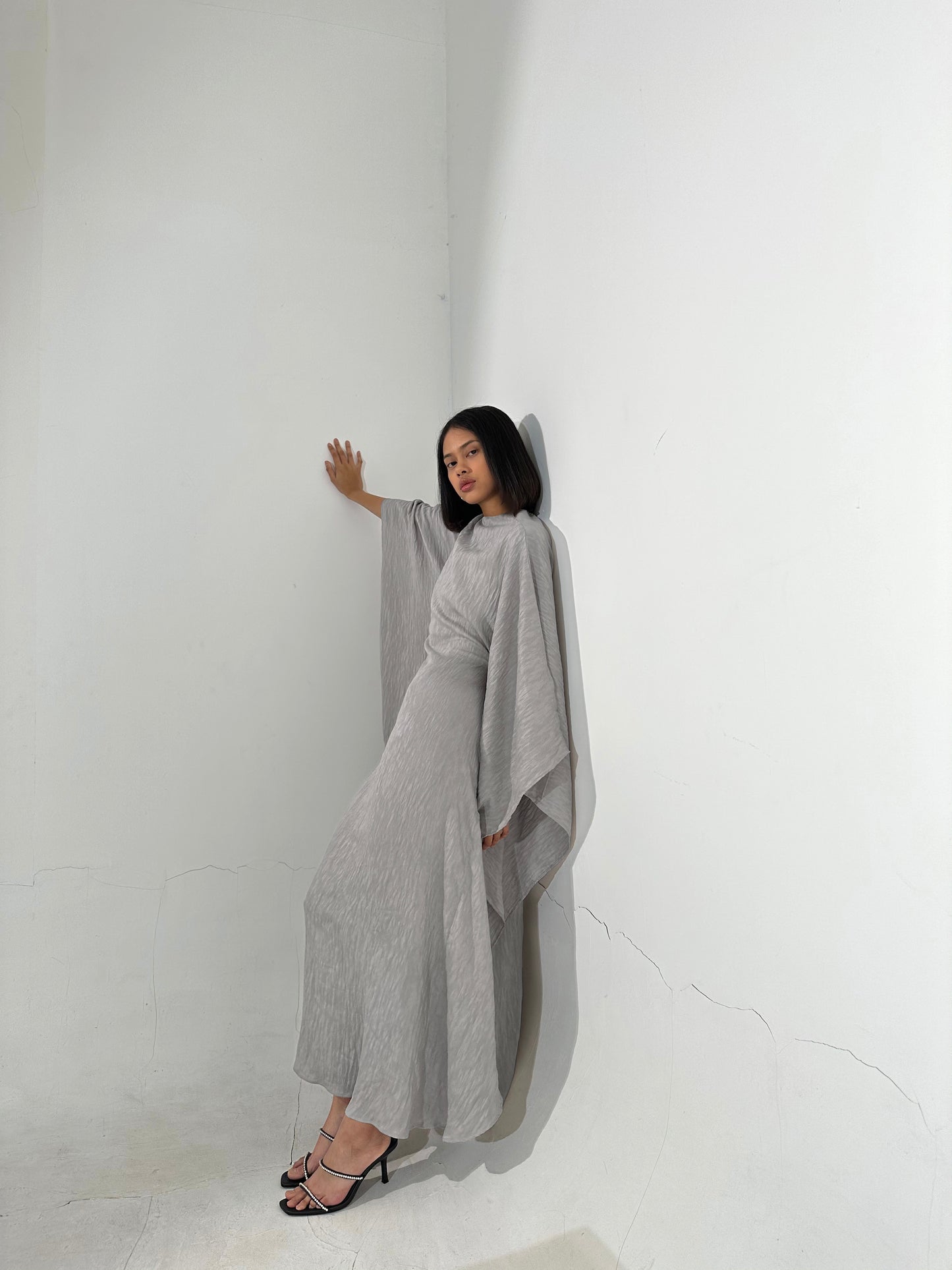 Gray Plissé Kaftan Dress