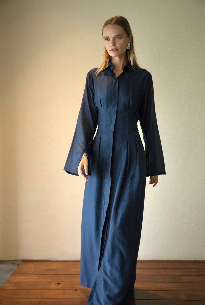 Silk-Cotton Cinched Dress in Navy Blue | final batch