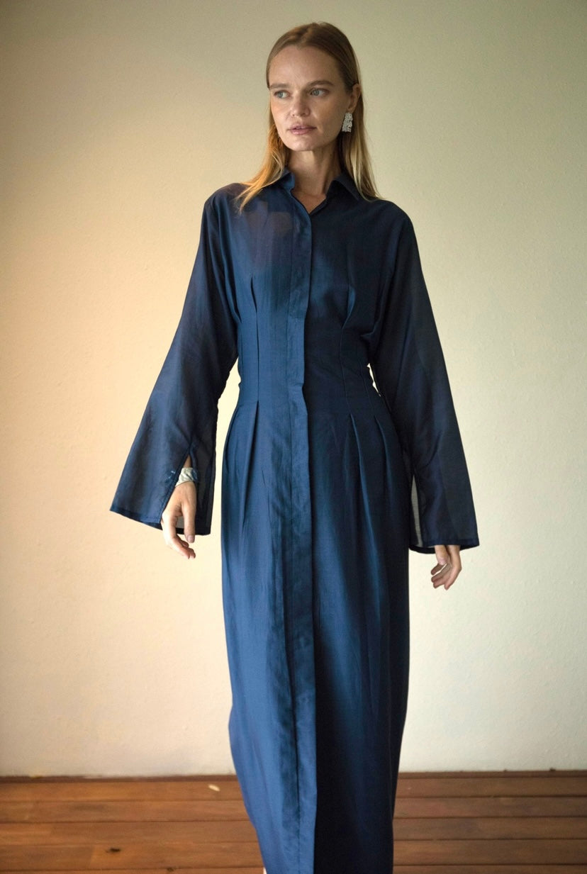 Silk-Cotton Cinched Dress in Navy Blue | final batch