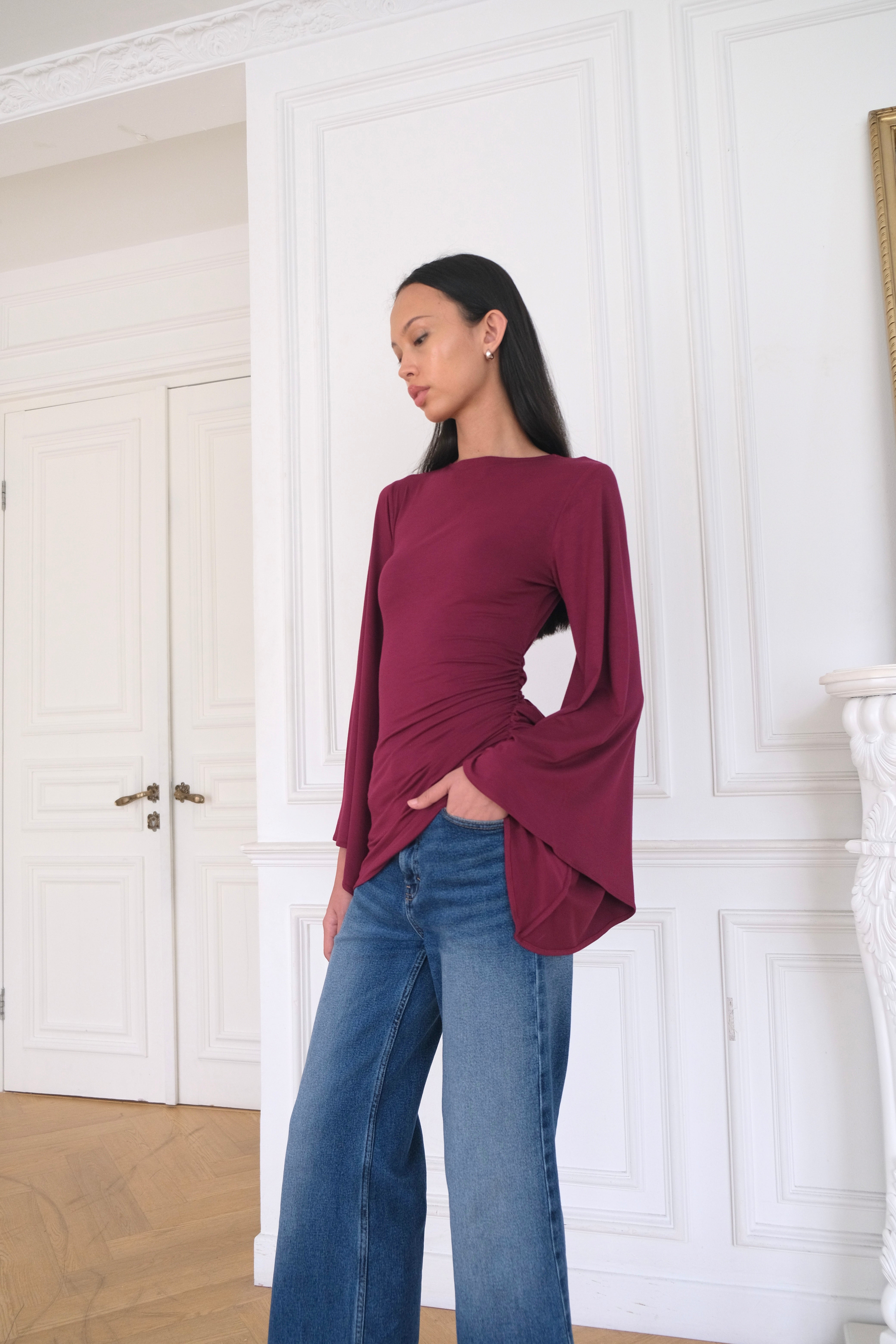 トップス Bibiy TULIP DRAPED TOP TULIP Draped Top in Berry Burgundy – Esmé New York