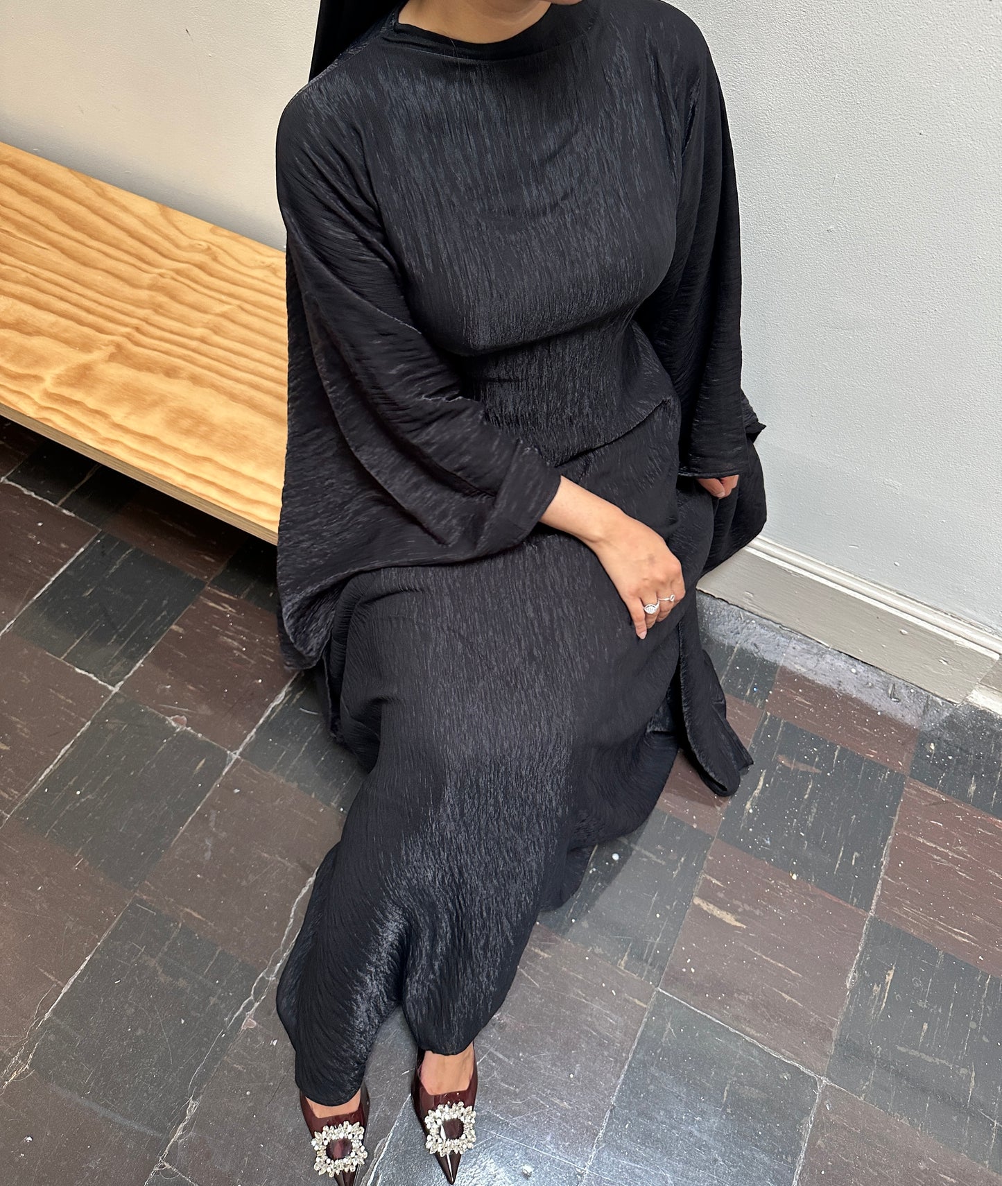 Black Plissé Kaftan Dress