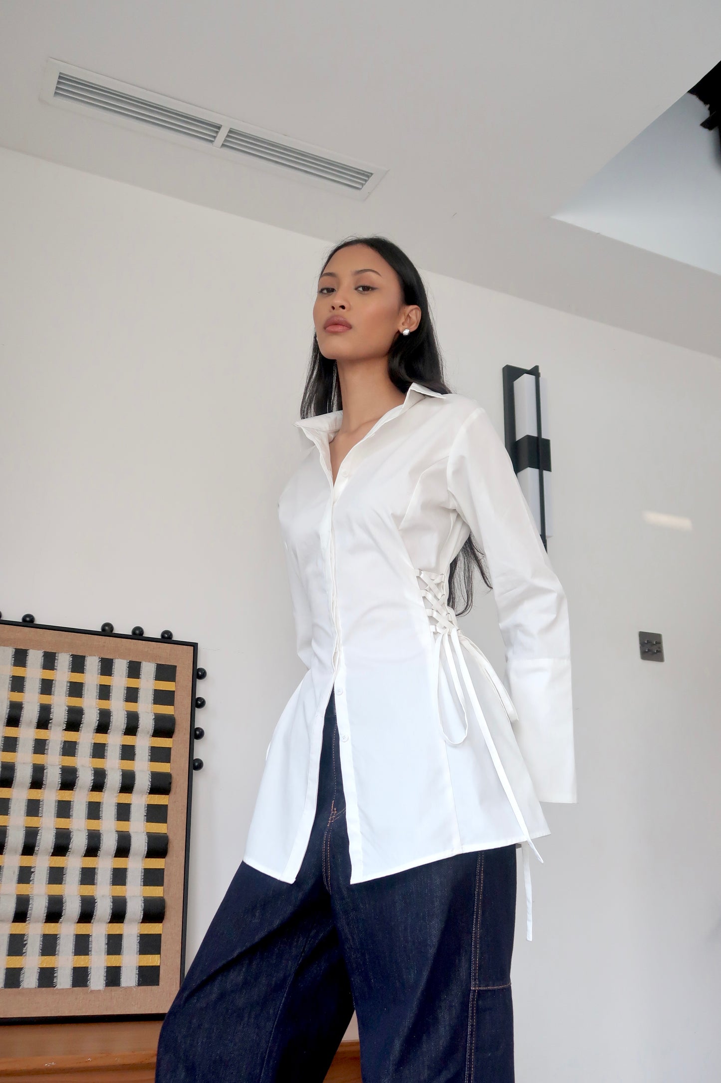 Lace-Up Corset Cotton Long Shirt