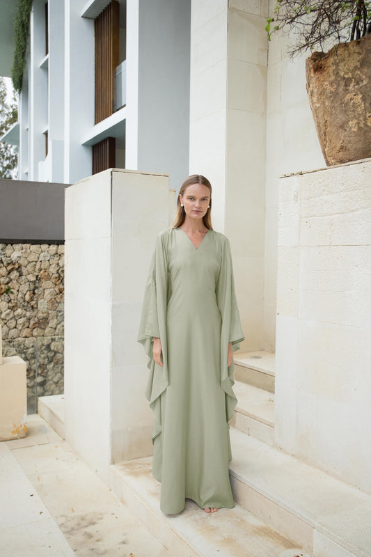 Silk Kaftan Dress in Olive V-neck | Ships from May 1-19