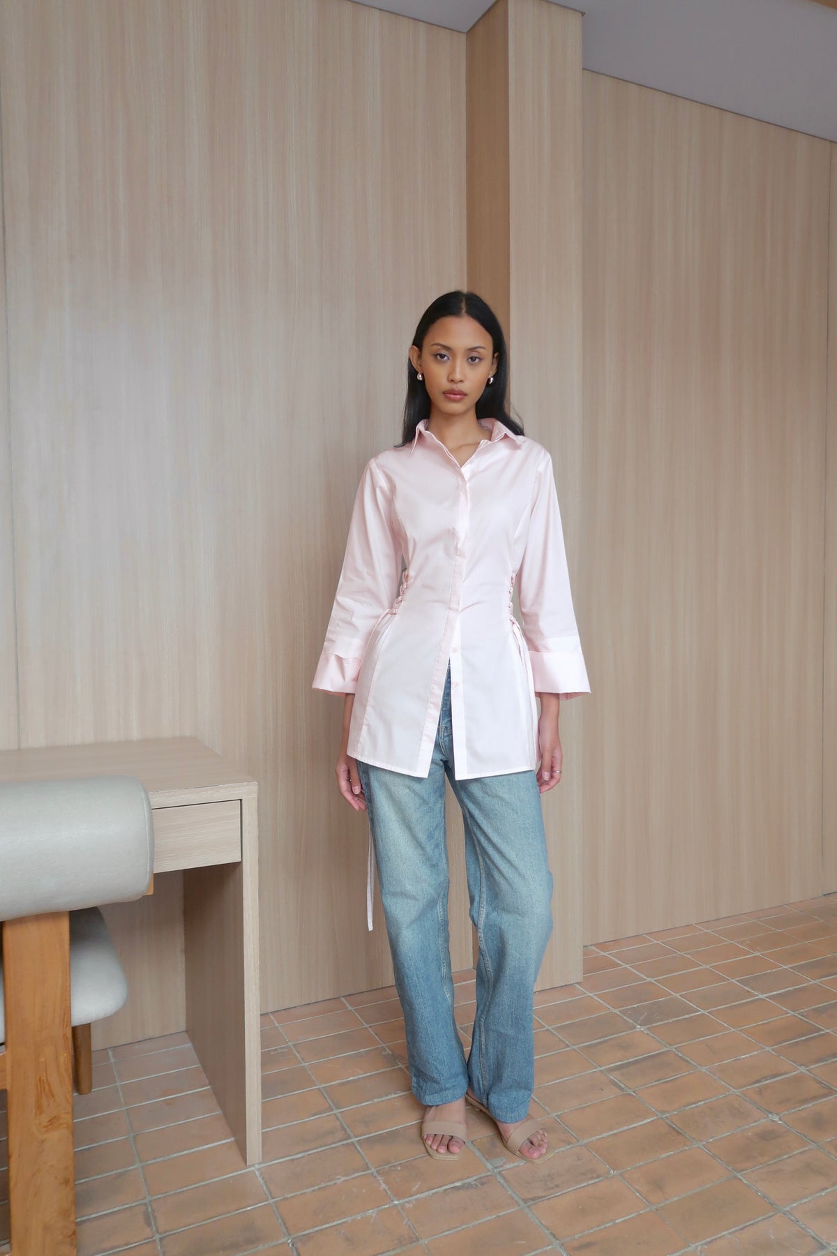 Lace-Up Corset Cotton Shirt in Light Pink