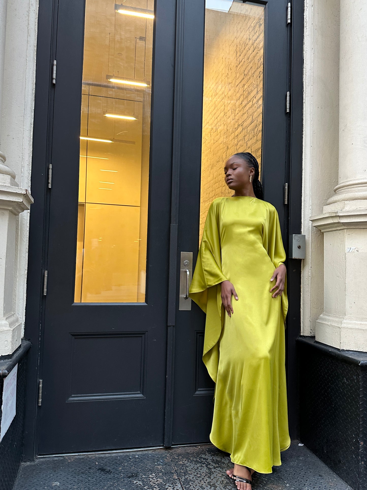 Chartreuse Satin Kaftan Dress