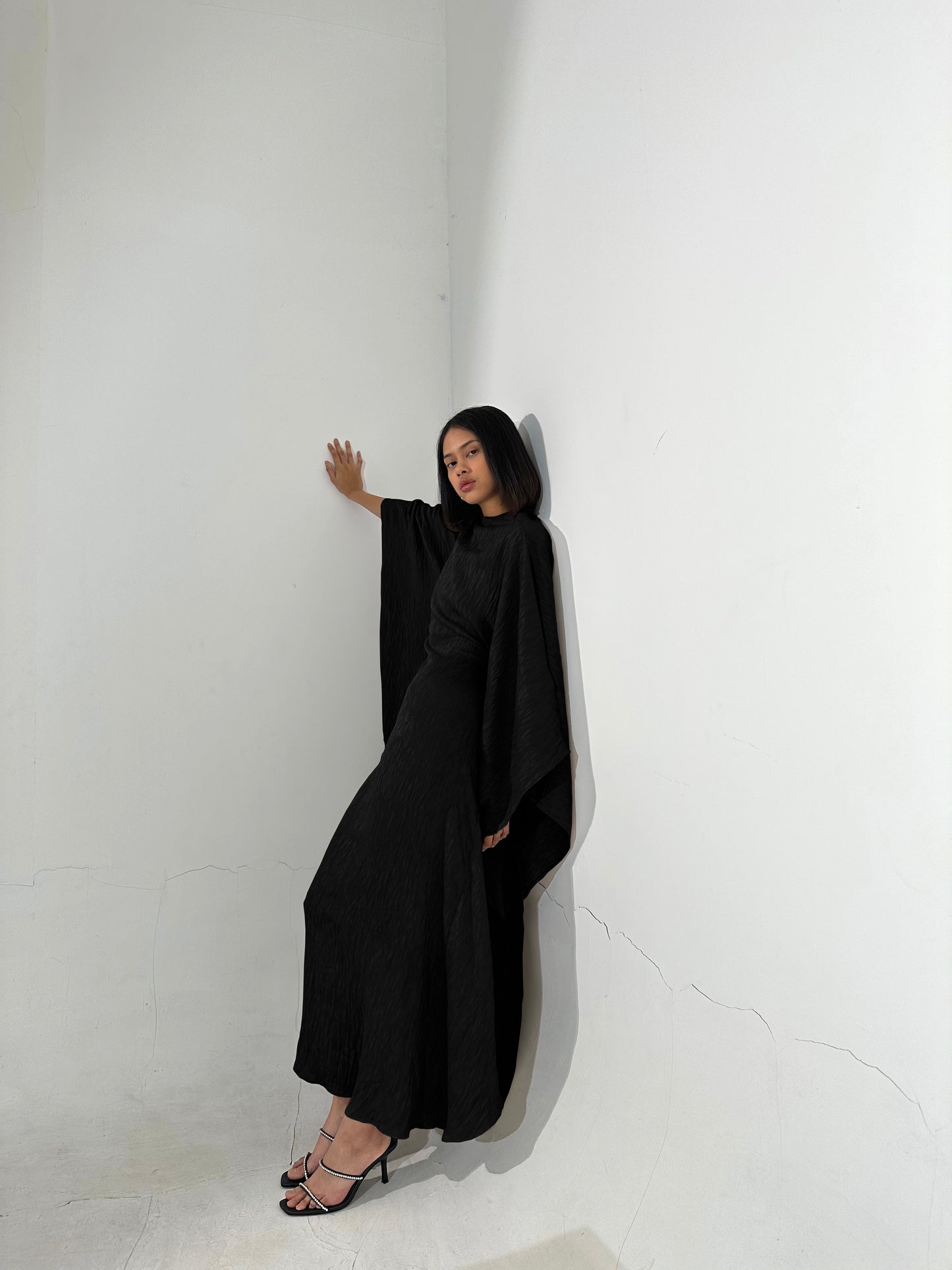 Black Plissé Kaftan Dress