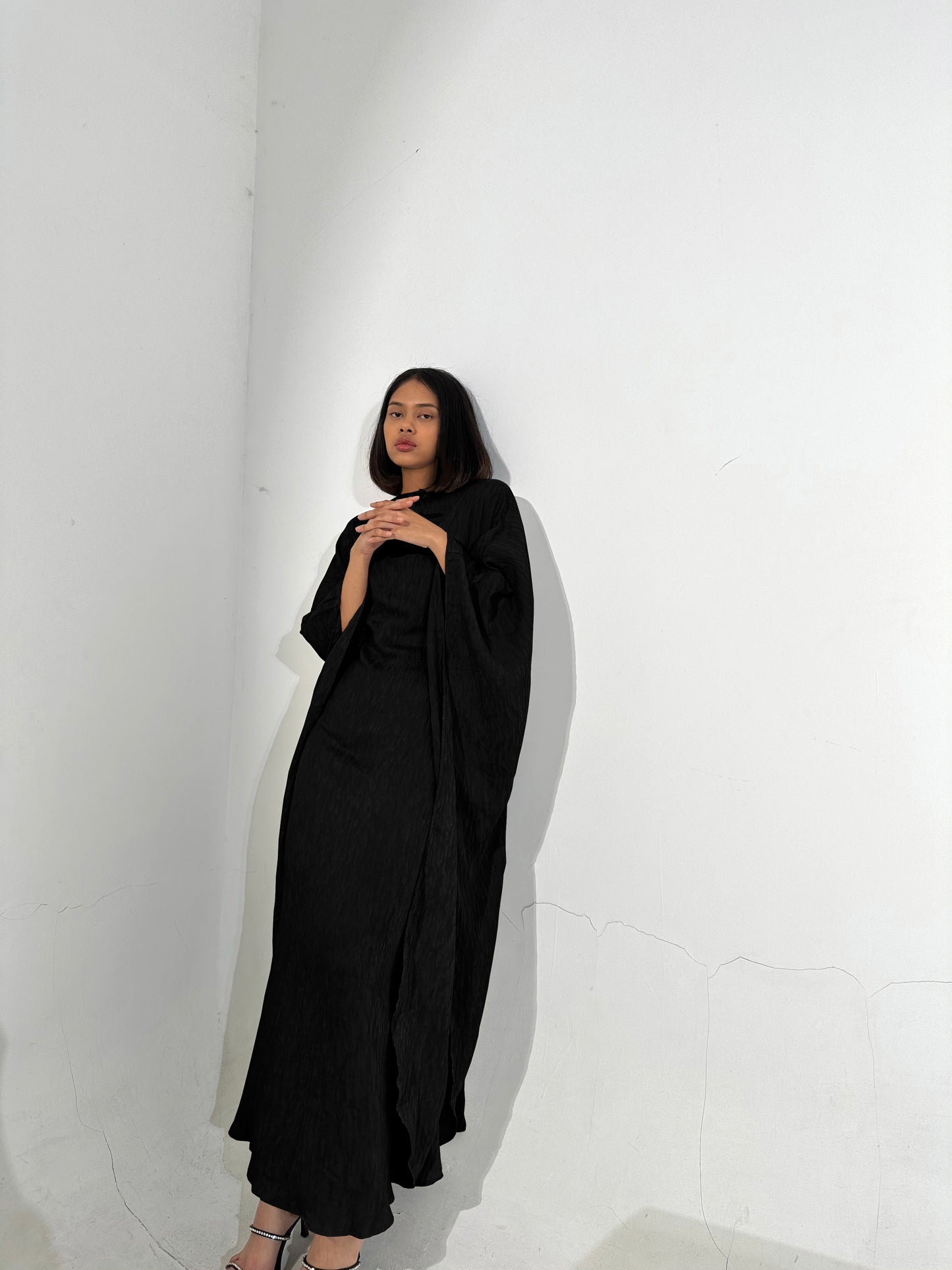 Black Plissé Kaftan Dress
