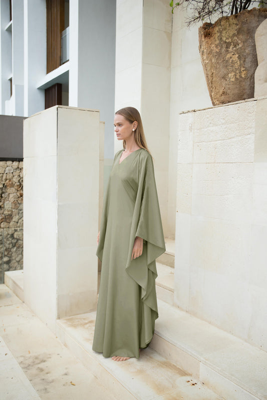 Silk Kaftan Dress in Olive V-neck | Ships from May 1-19