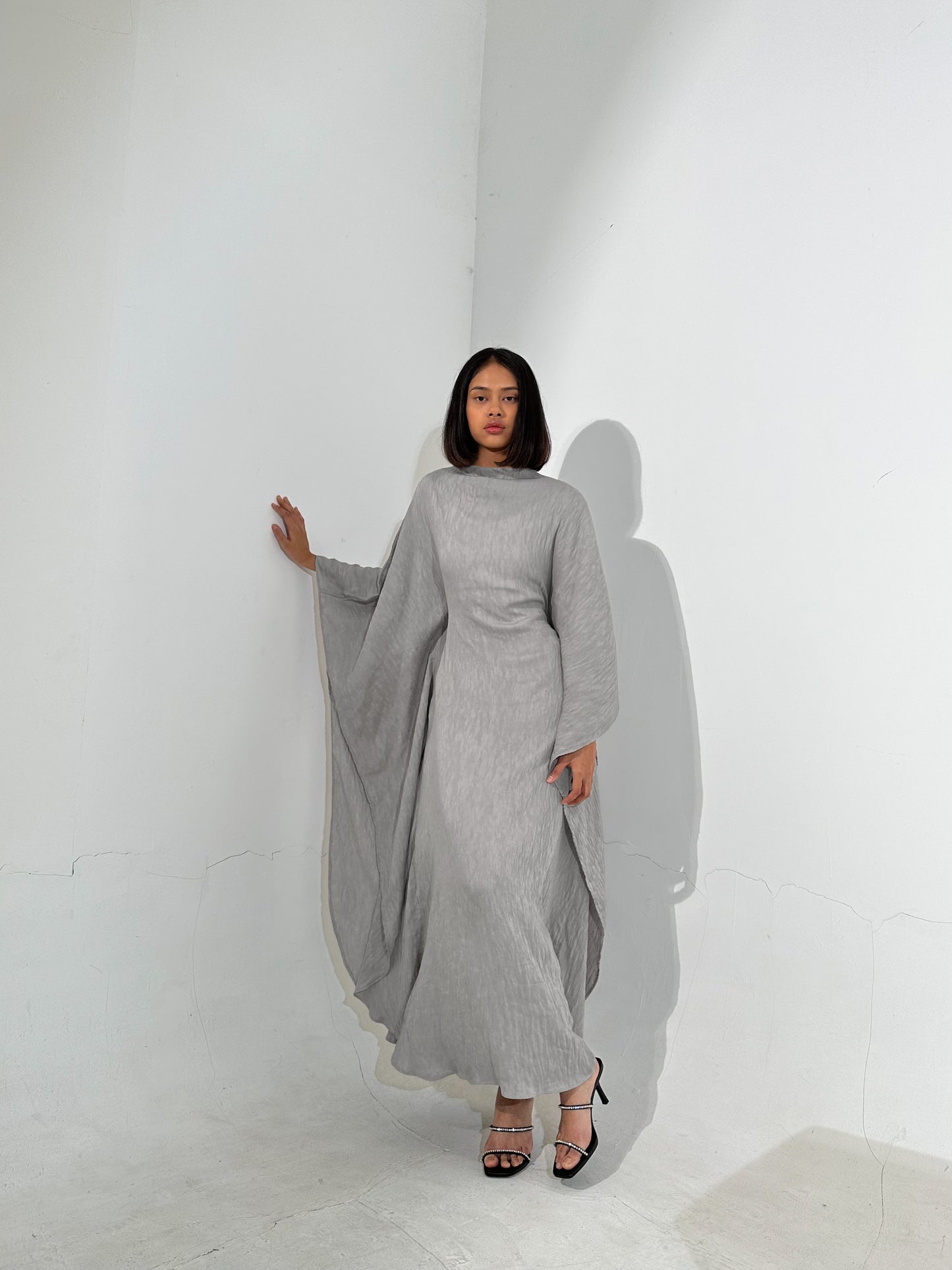 Gray Plissé Kaftan Dress