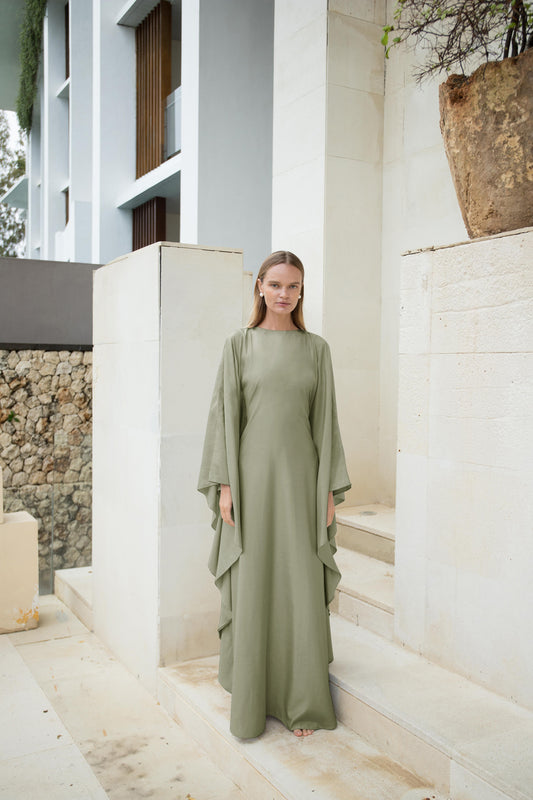 Silk Kaftan Dress in Olive | Ships from May 1-19