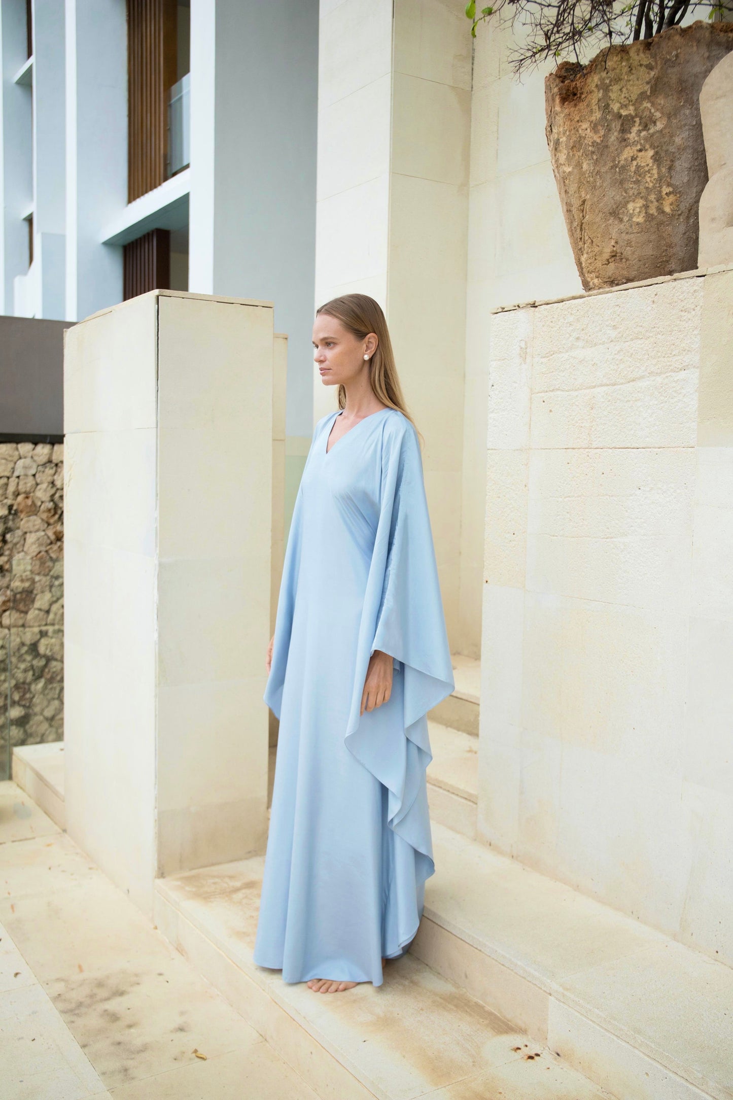 Silk Kaftan Dress in Azure V-neck | preorder ships Dec 1-20
