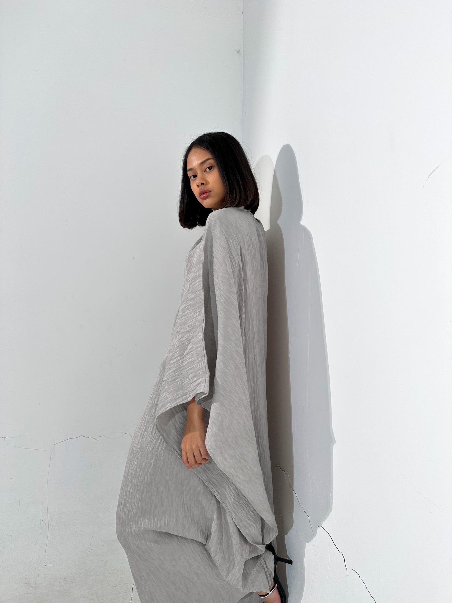 Gray Plissé Kaftan Dress