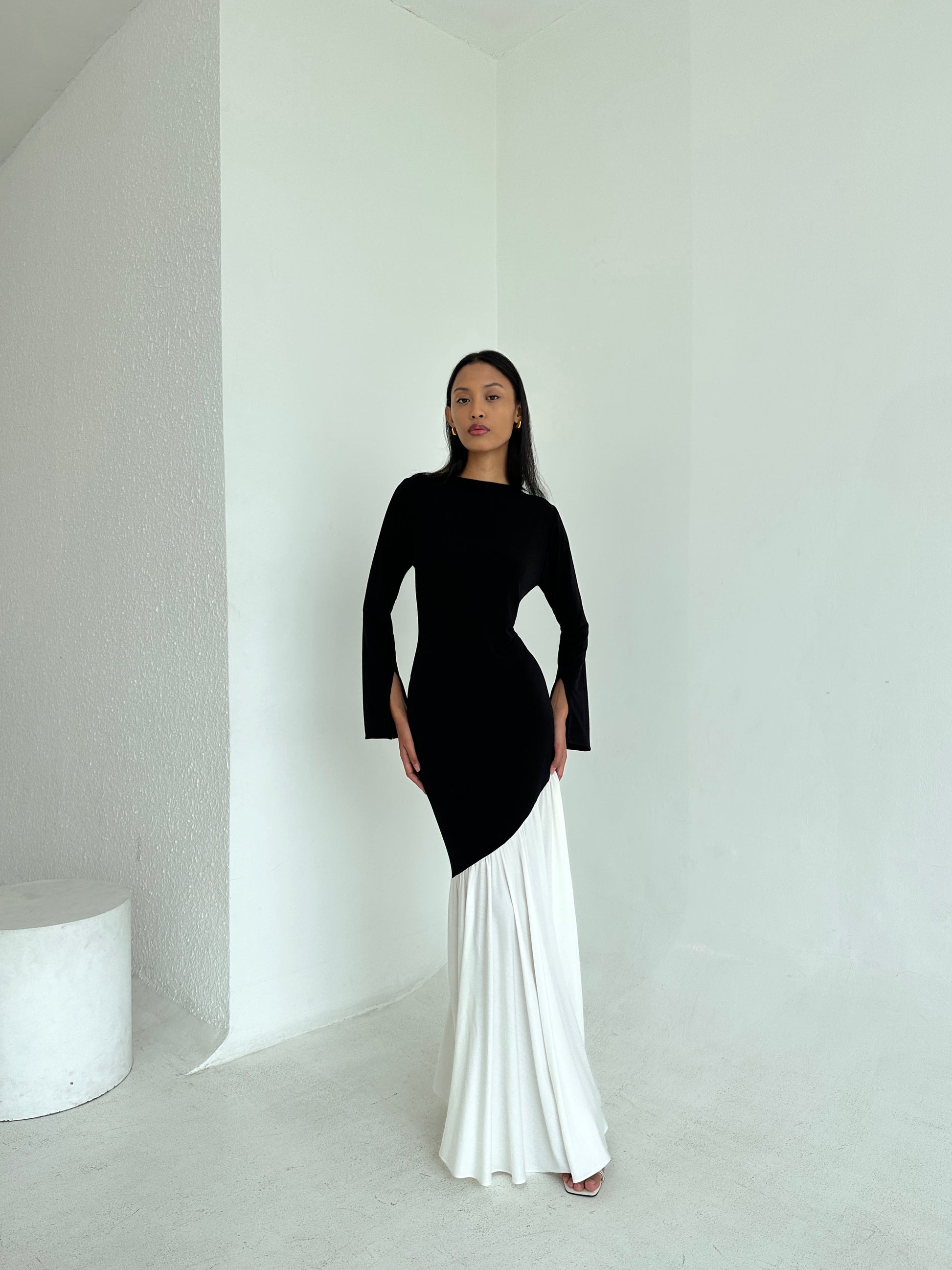 Black/White Colorblock Asymmetrical Dress L/XL