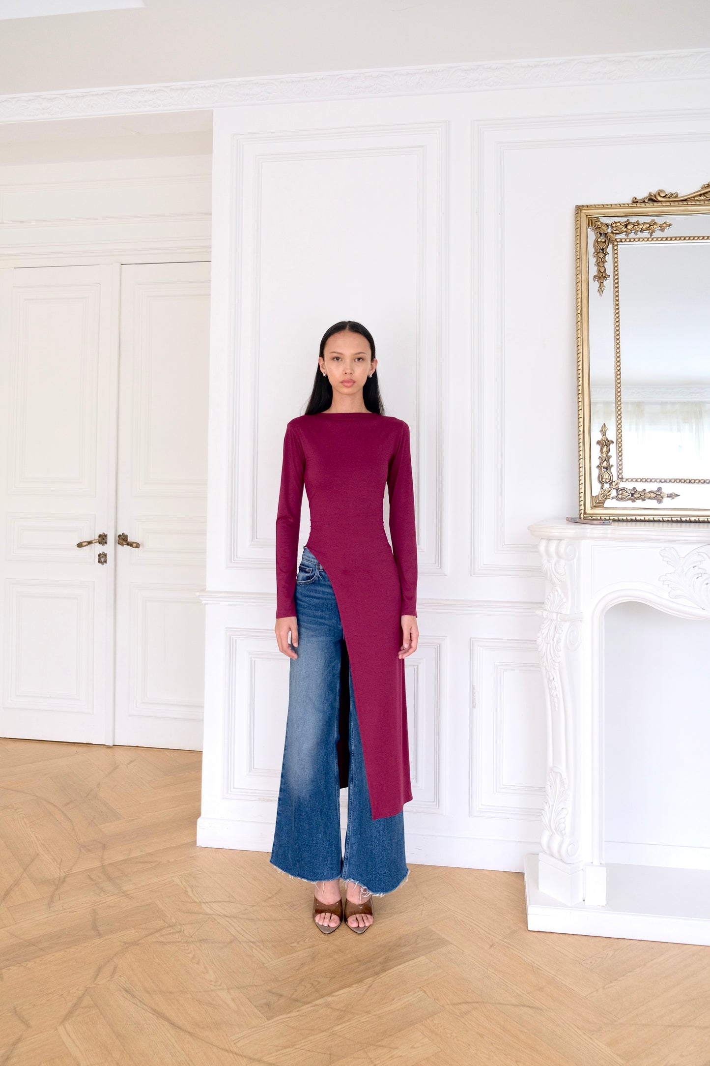 long-sleeve burgundy top with a slit 