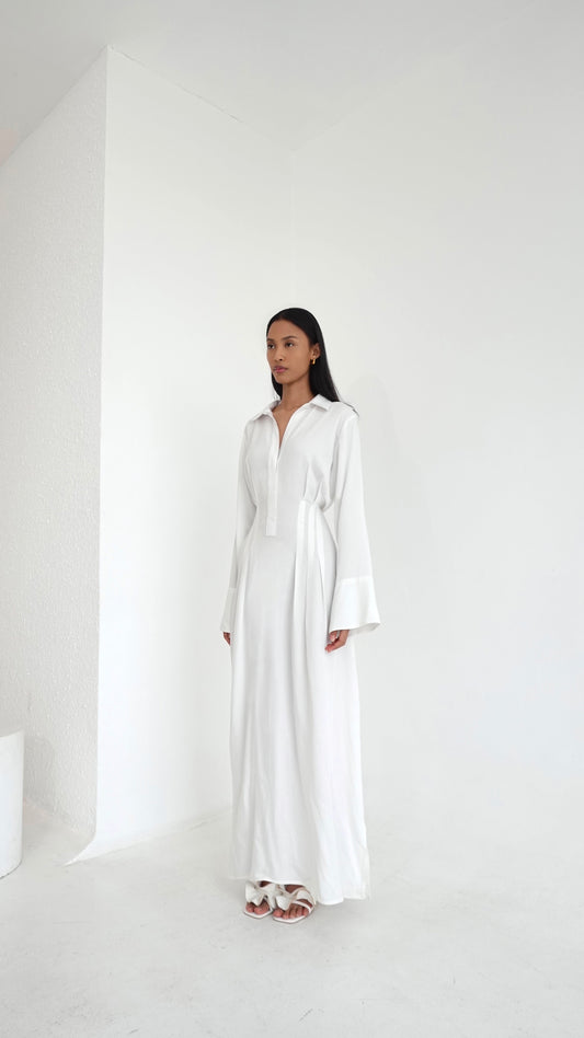 Cinched Maxi Shirt Dress in White | inner included