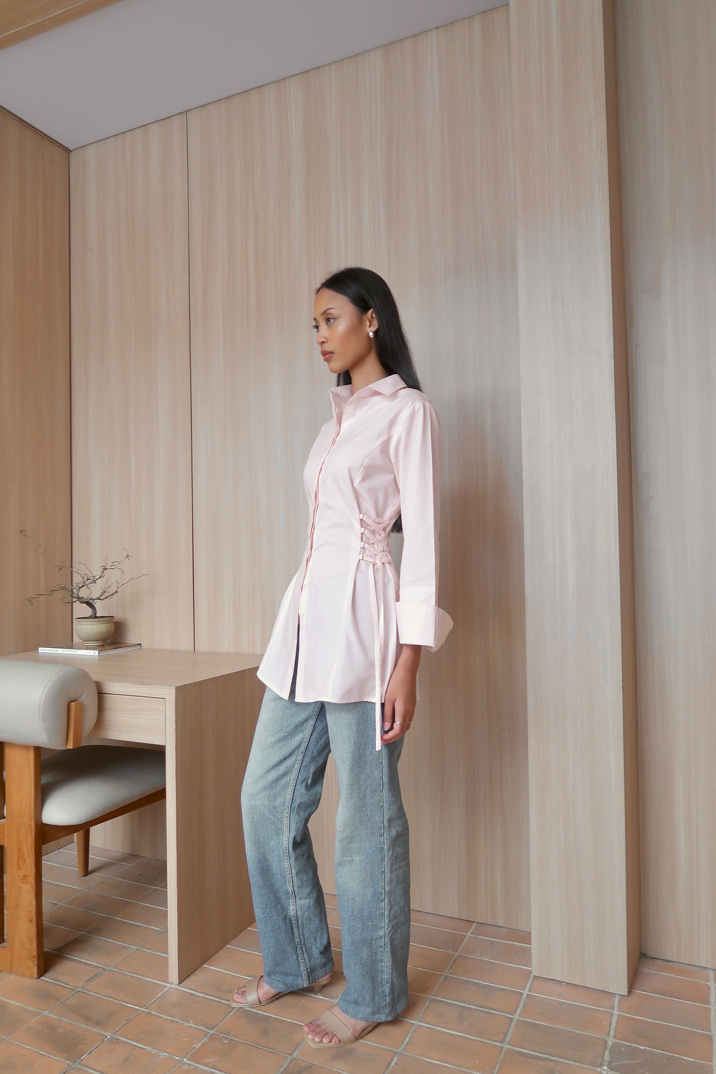 Lace-Up Corset Cotton Shirt in Light Pink