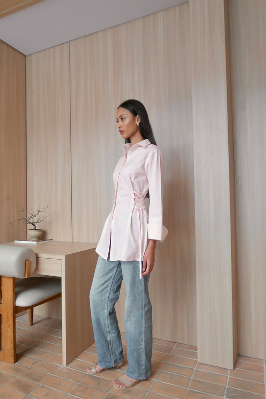 Lace-Up Corset Cotton Shirt in Light Pink