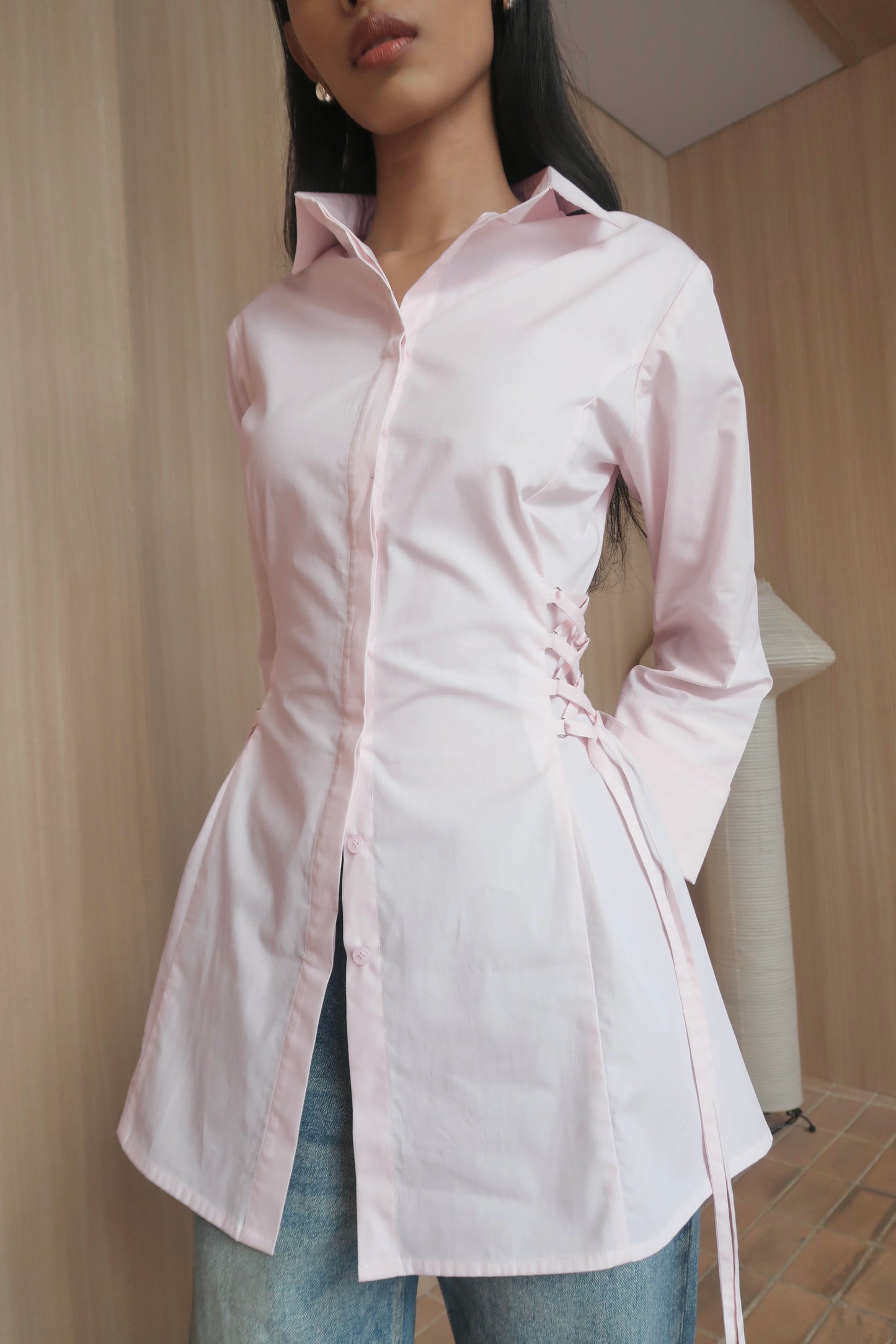 Lace-Up Corset Cotton Shirt in Light Pink