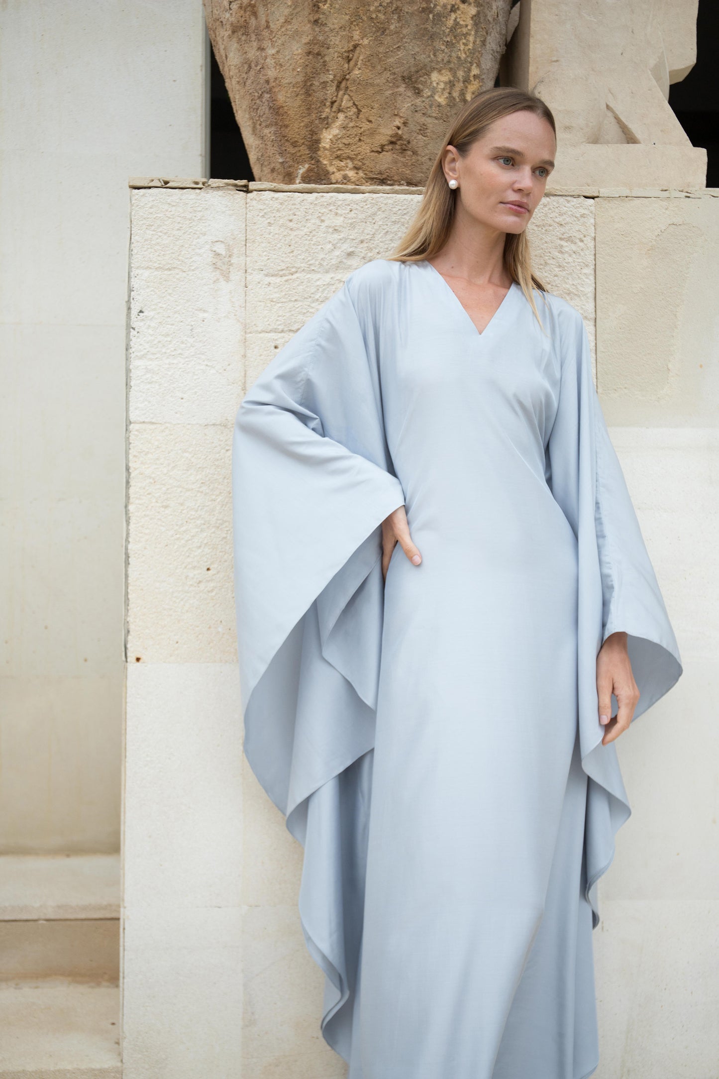 Silk Kaftan Dress in Azure V-neck | Ships from May 1-19