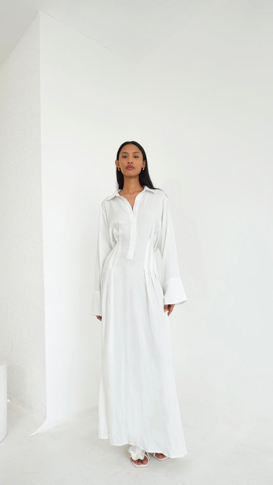 Cinched Maxi Shirt Dress in White | inner included