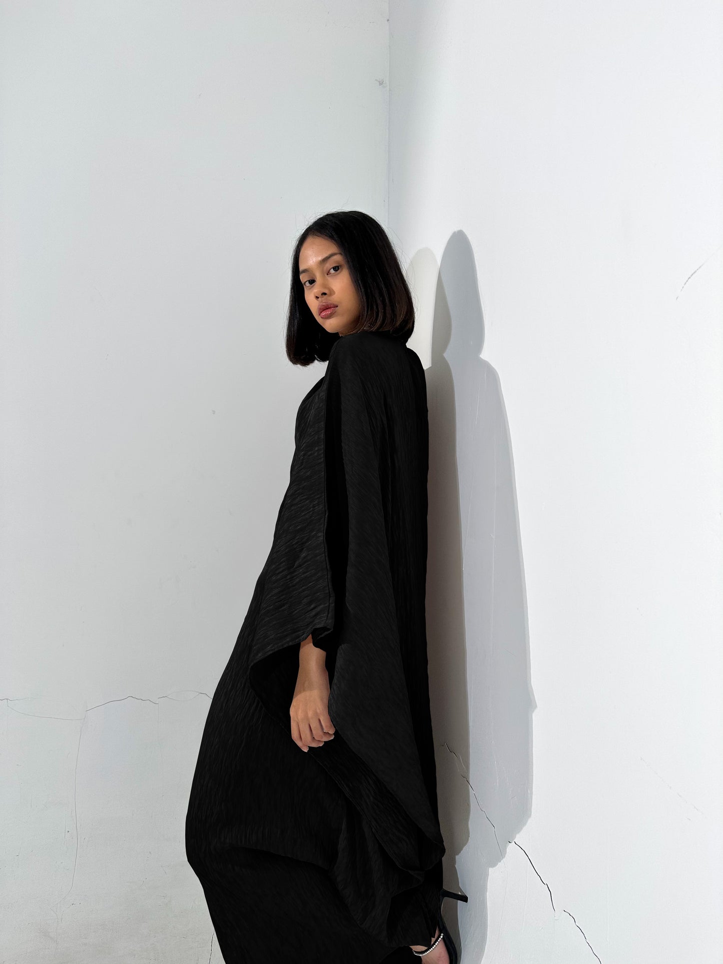 Black Plissé Kaftan Dress