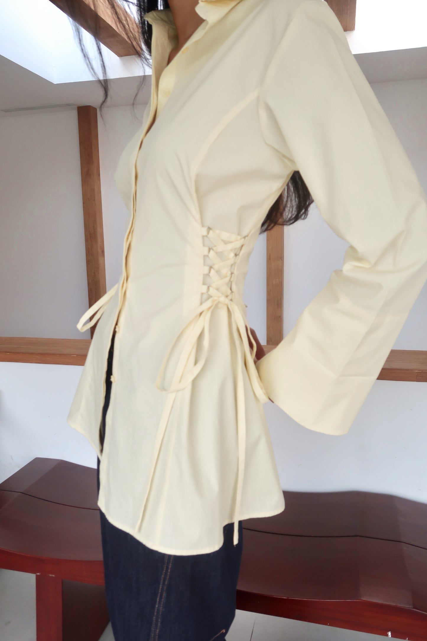 Lace-Up Corset Cotton Shirt in Butter Yellow