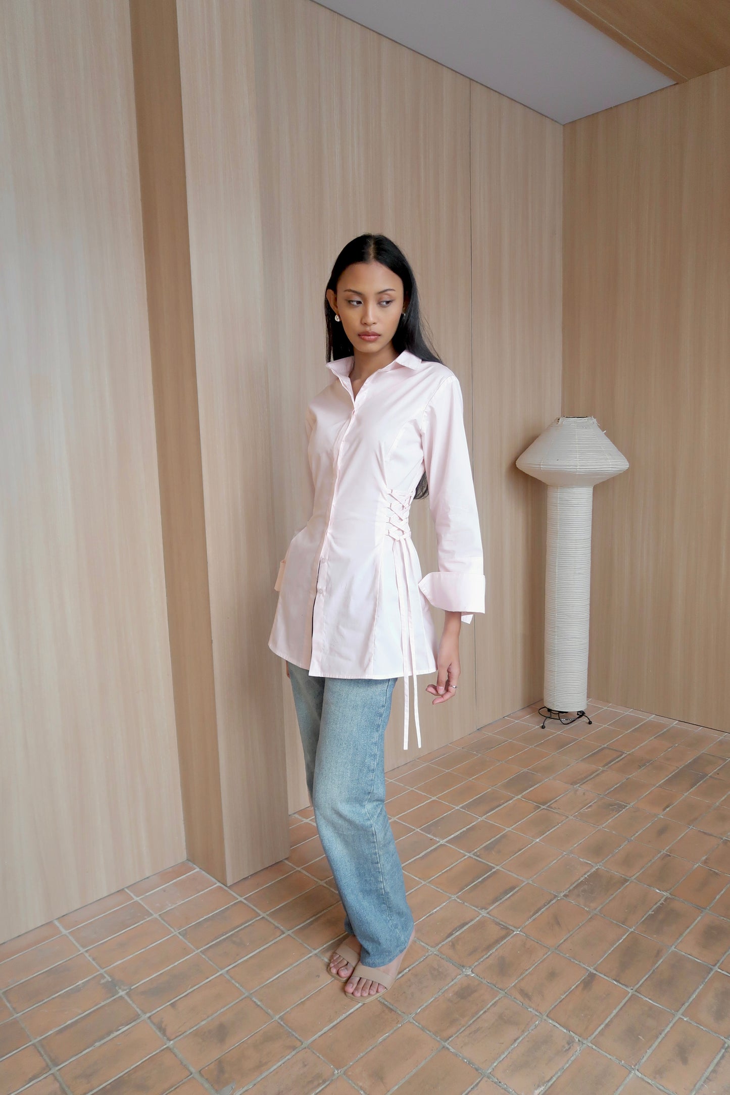 Lace-Up Corset Cotton Shirt in Light Pink