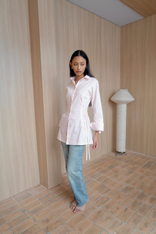 Lace-Up Corset Cotton Shirt in Light Pink
