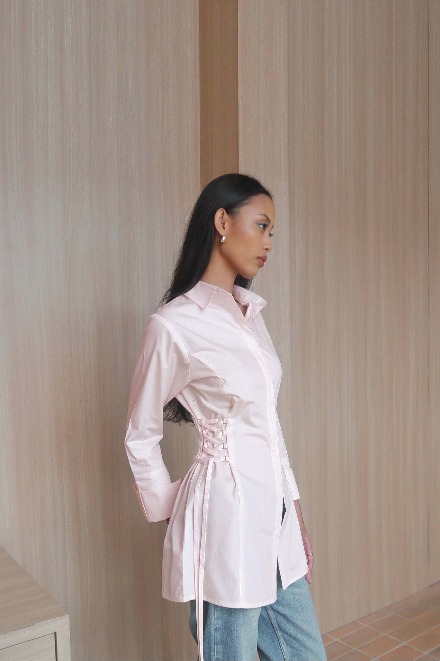 Lace-Up Corset Cotton Shirt in Light Pink